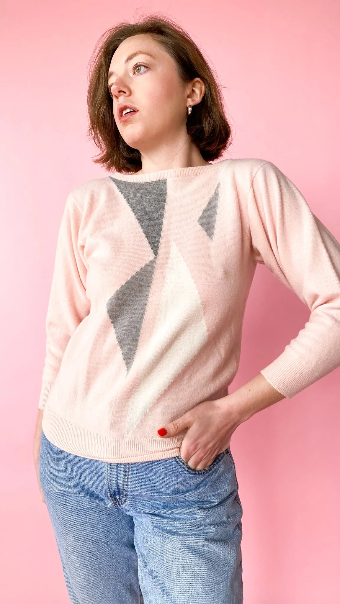 1980s Light Pink Geometric Sweater, sz. S