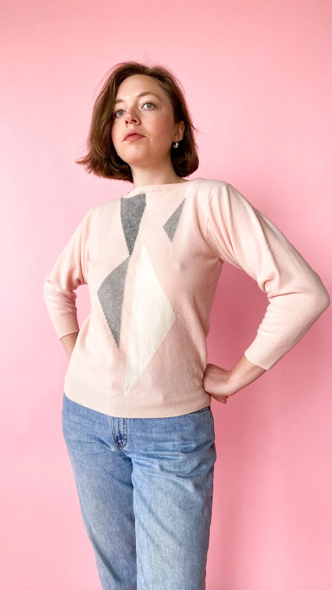 1980s Light Pink Geometric Sweater, sz. S