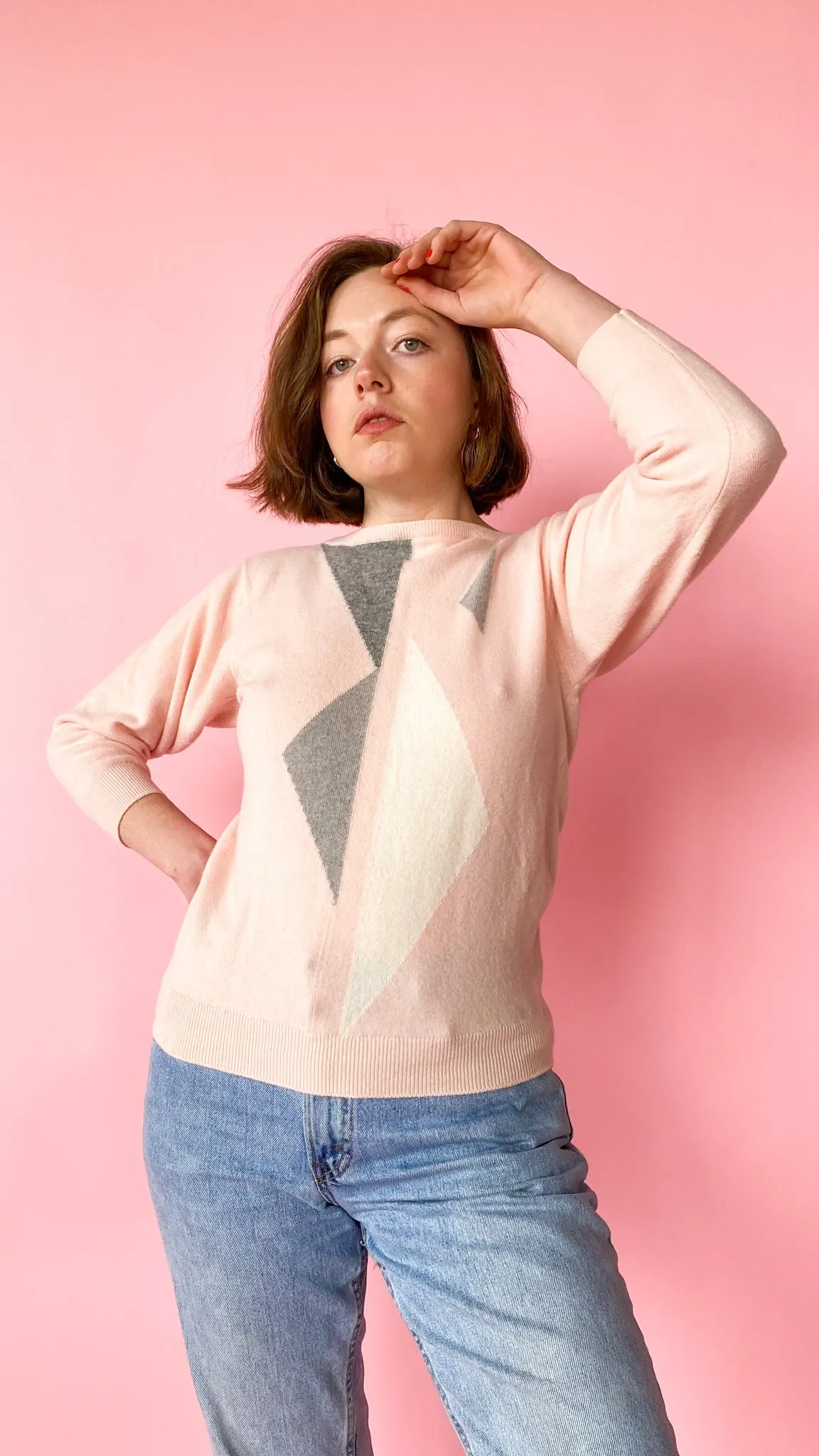 1980s Light Pink Geometric Sweater, sz. S