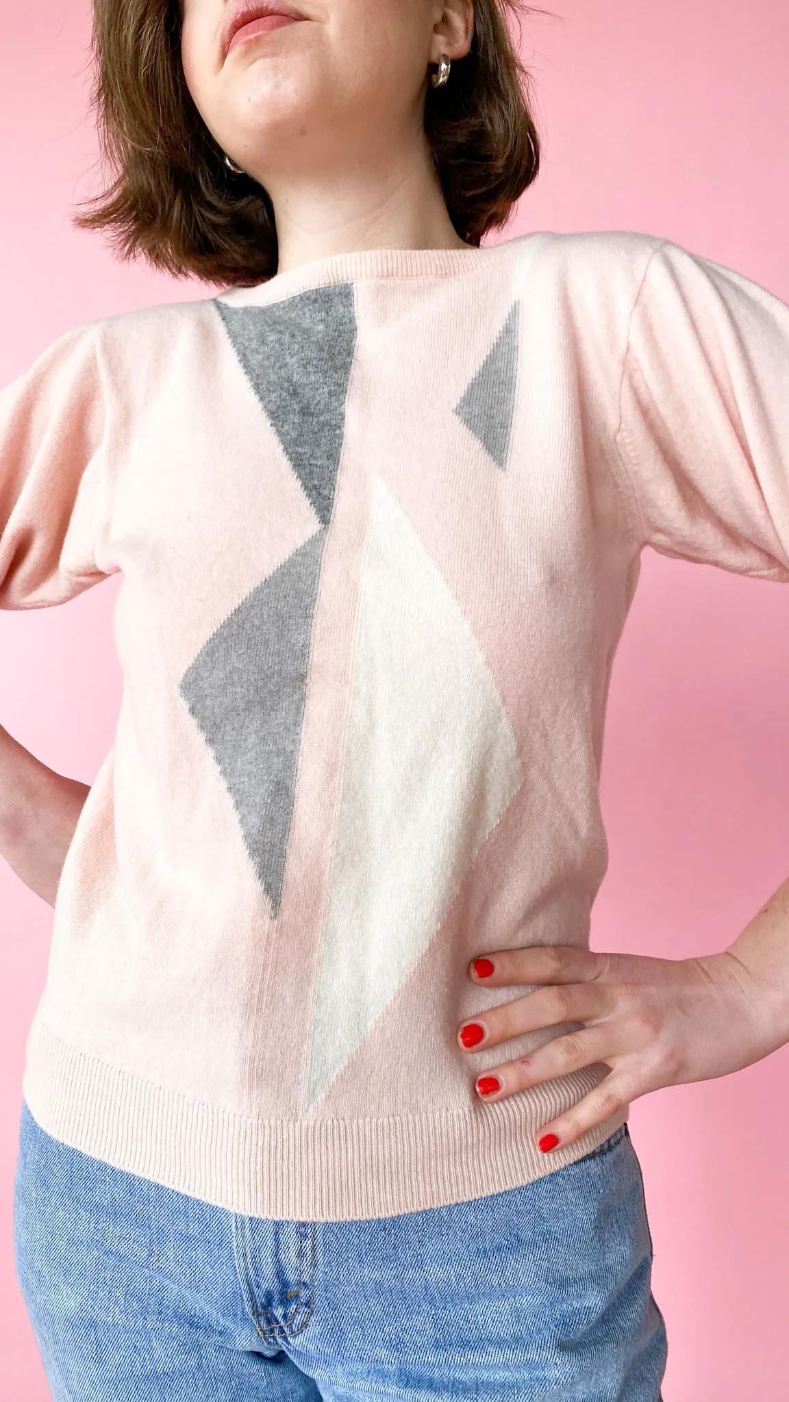 1980s Light Pink Geometric Sweater, sz. S