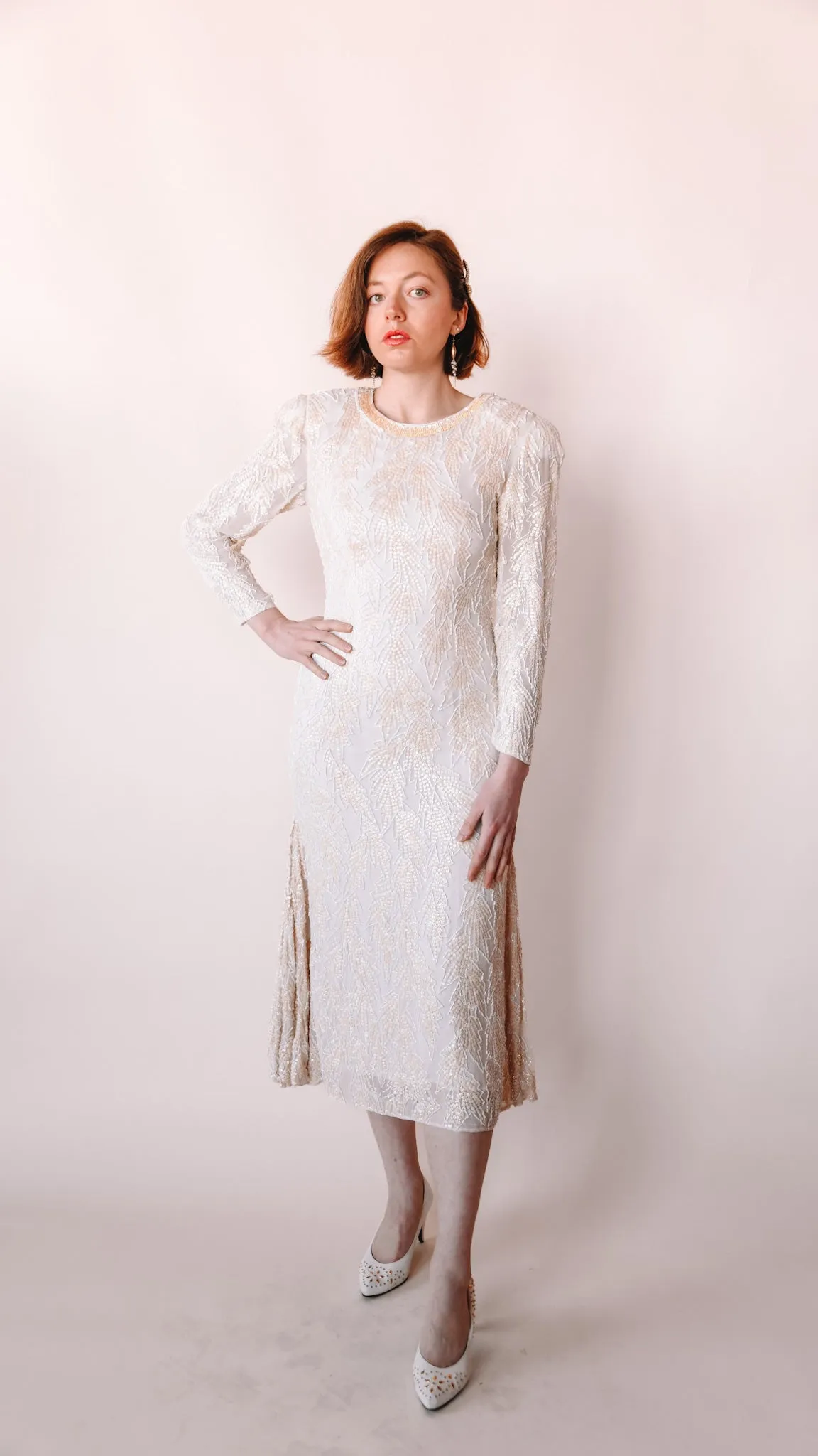 1980s Long Sleeve Beaded Wedding Dress, sz. S