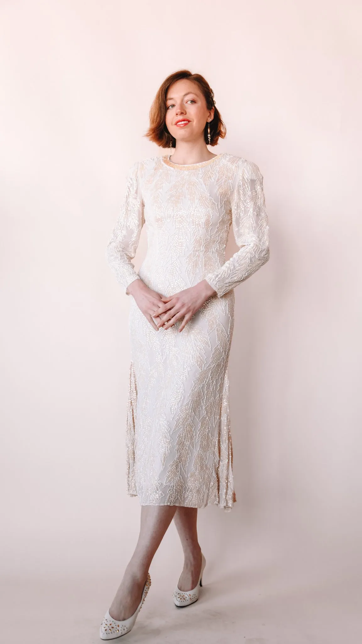 1980s Long Sleeve Beaded Wedding Dress, sz. S