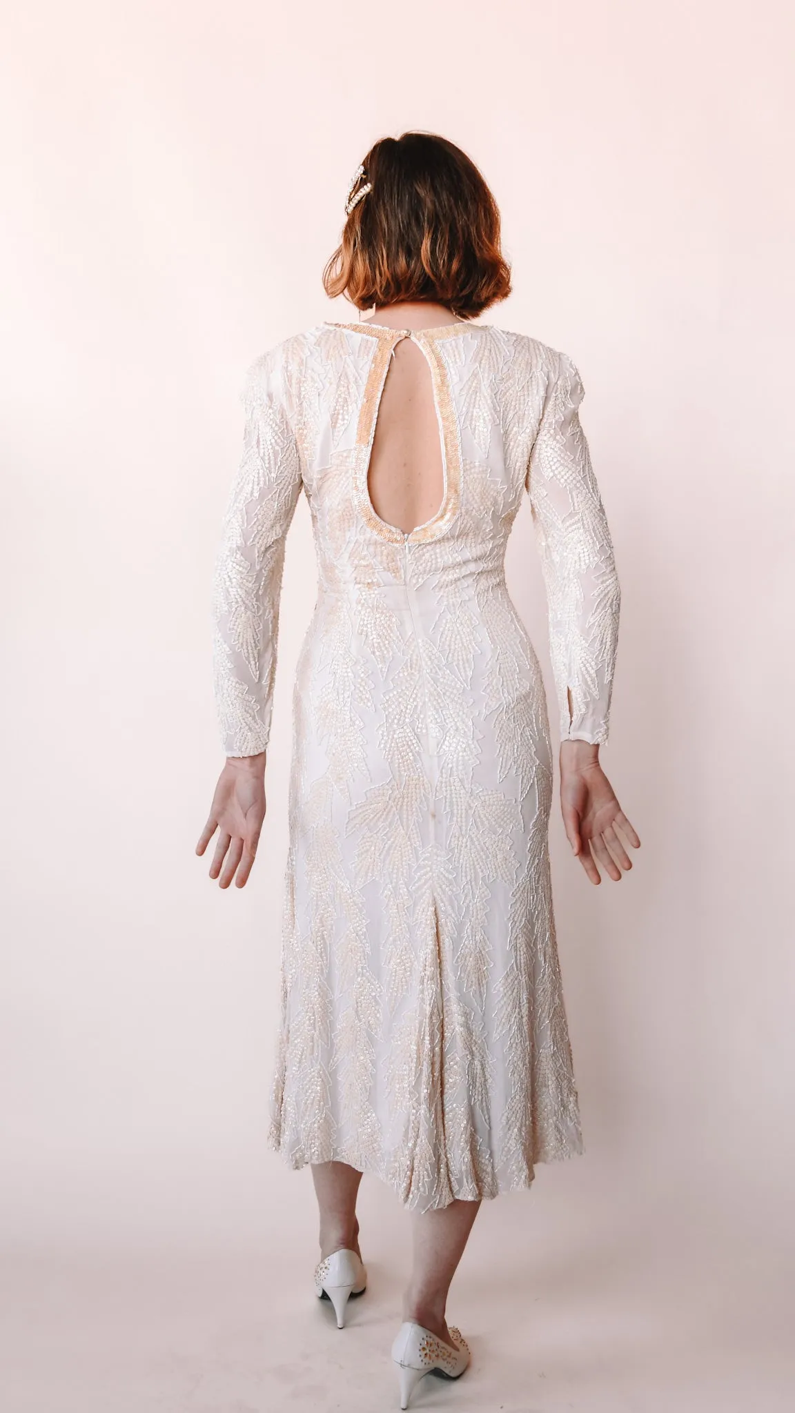 1980s Long Sleeve Beaded Wedding Dress, sz. S