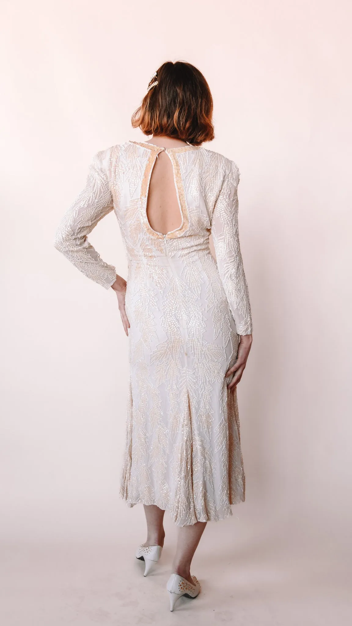 1980s Long Sleeve Beaded Wedding Dress, sz. S