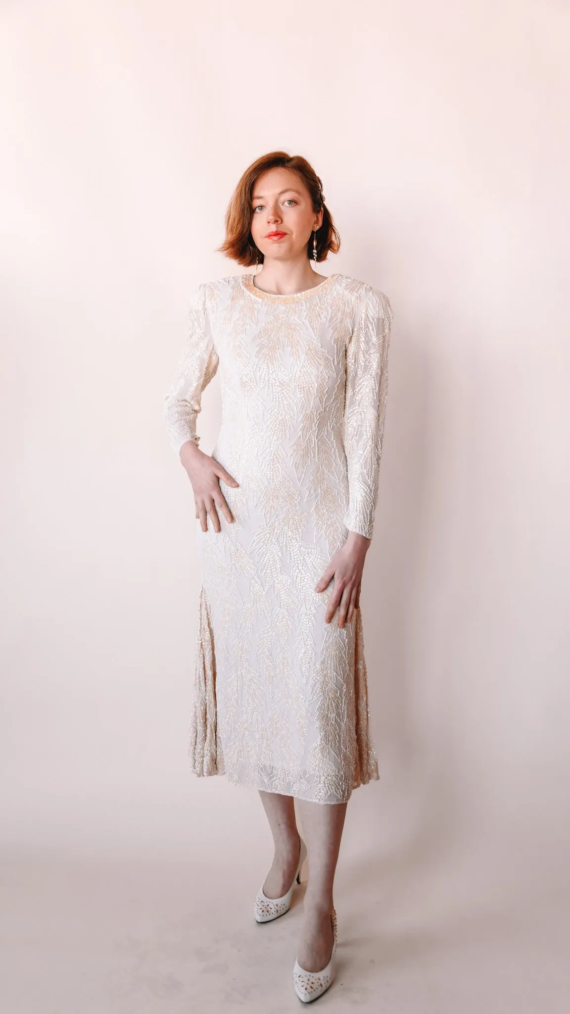 1980s Long Sleeve Beaded Wedding Dress, sz. S