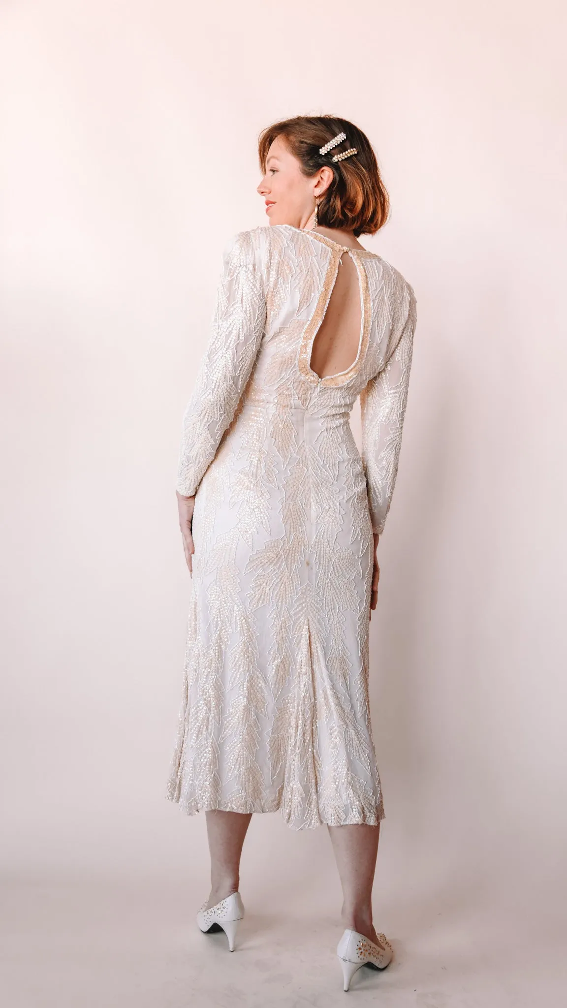 1980s Long Sleeve Beaded Wedding Dress, sz. S