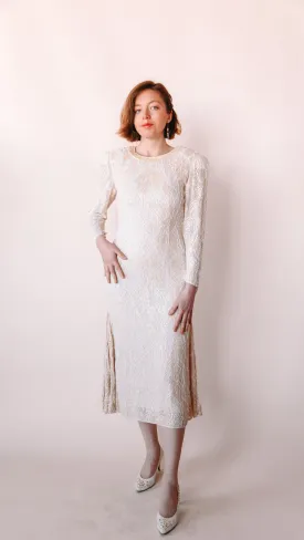 1980s Long Sleeve Beaded Wedding Dress, sz. S