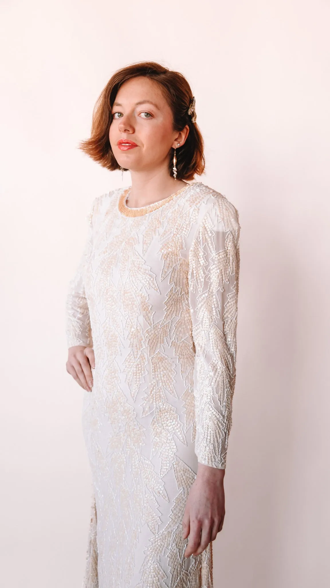 1980s Long Sleeve Beaded Wedding Dress, sz. S