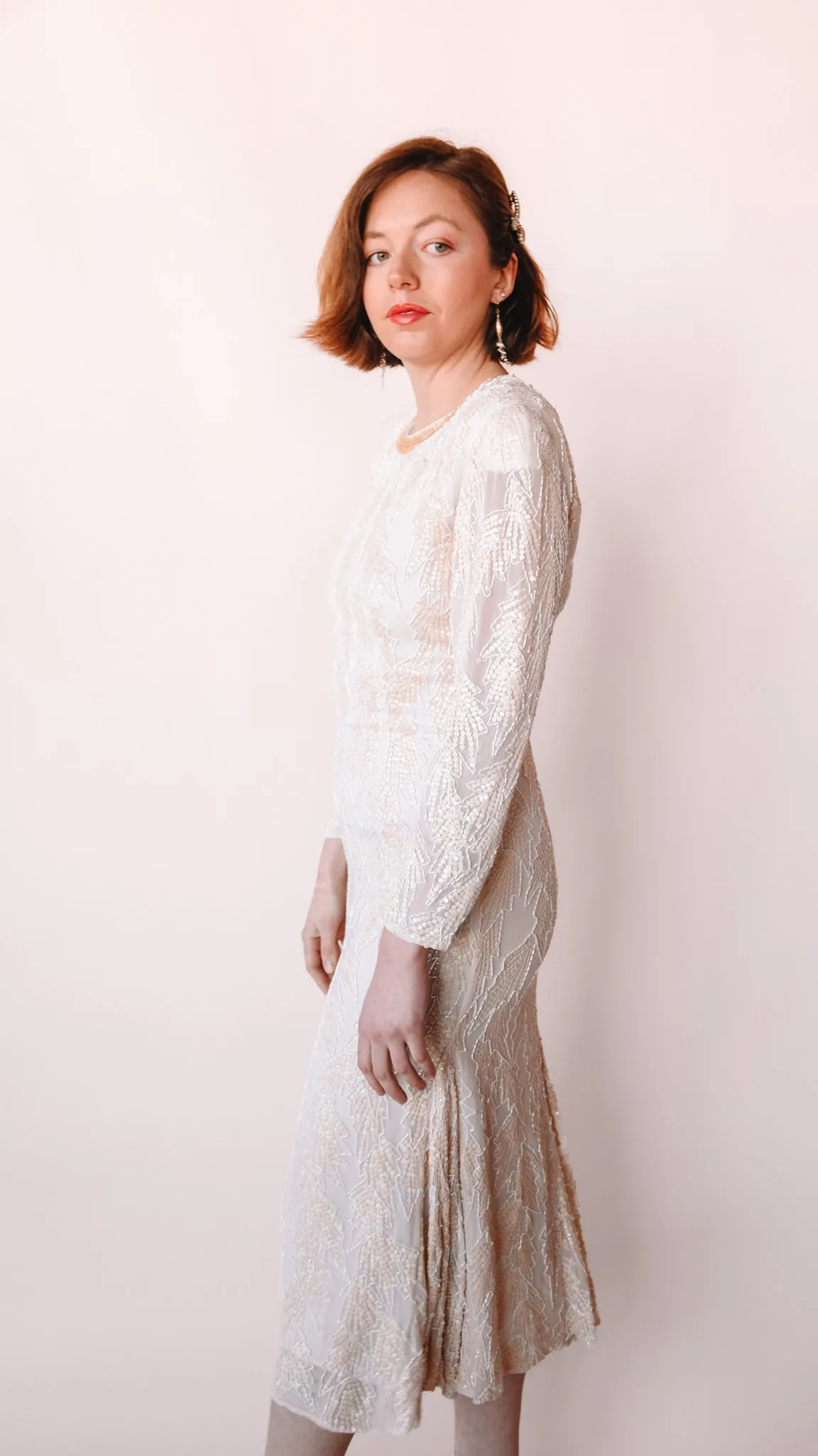 1980s Long Sleeve Beaded Wedding Dress, sz. S