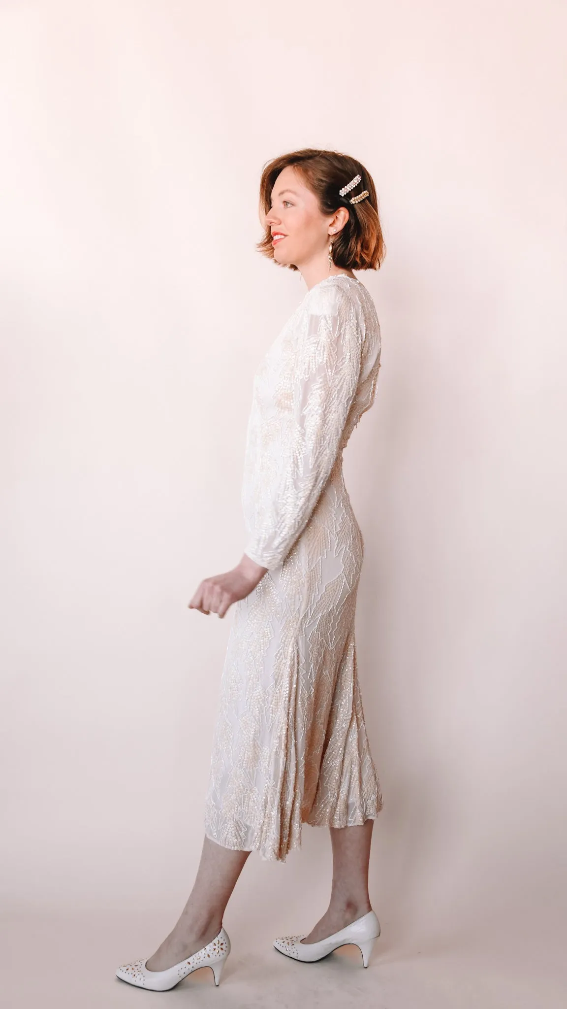 1980s Long Sleeve Beaded Wedding Dress, sz. S