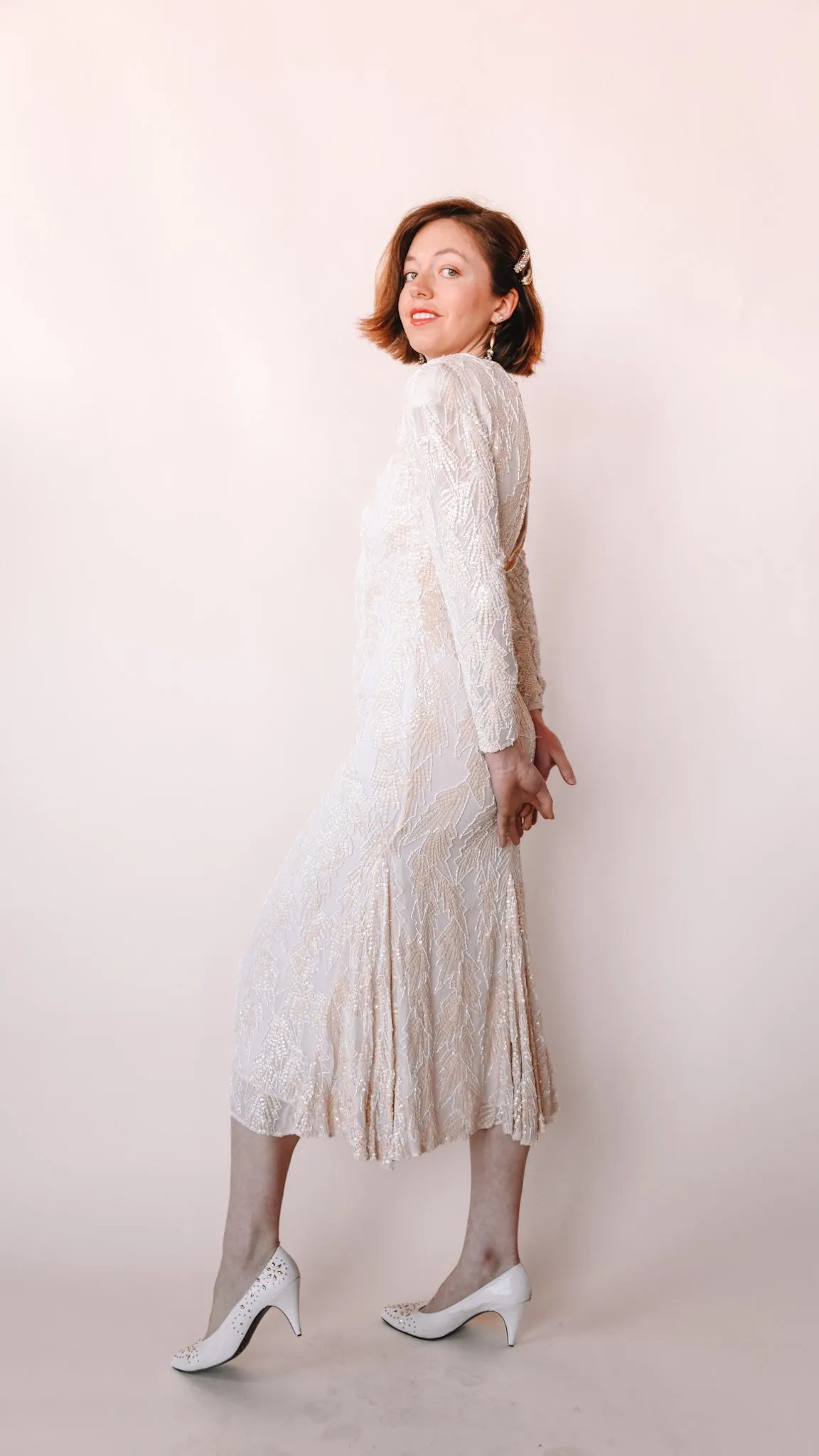 1980s Long Sleeve Beaded Wedding Dress, sz. S