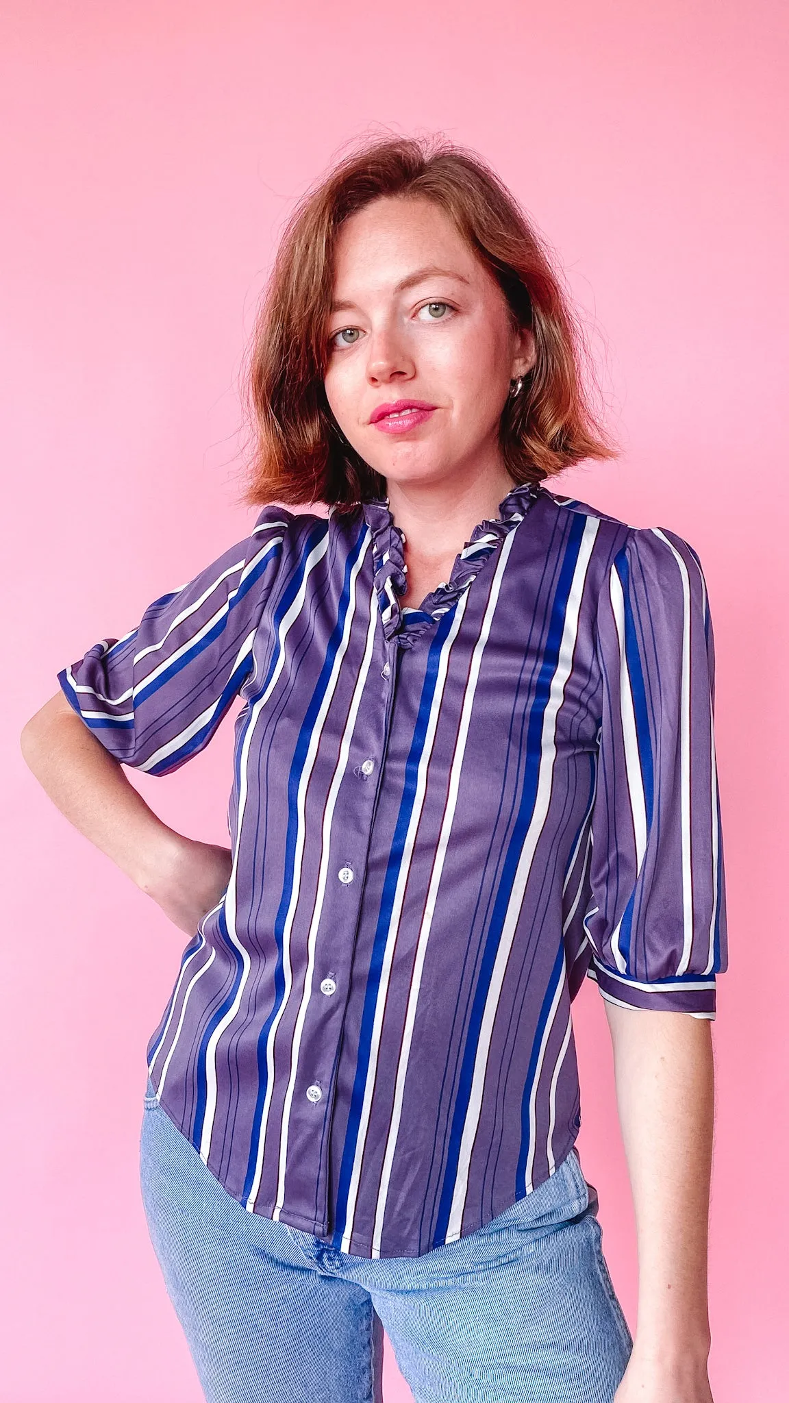 1980s Purple Striped Blouse, sz. M