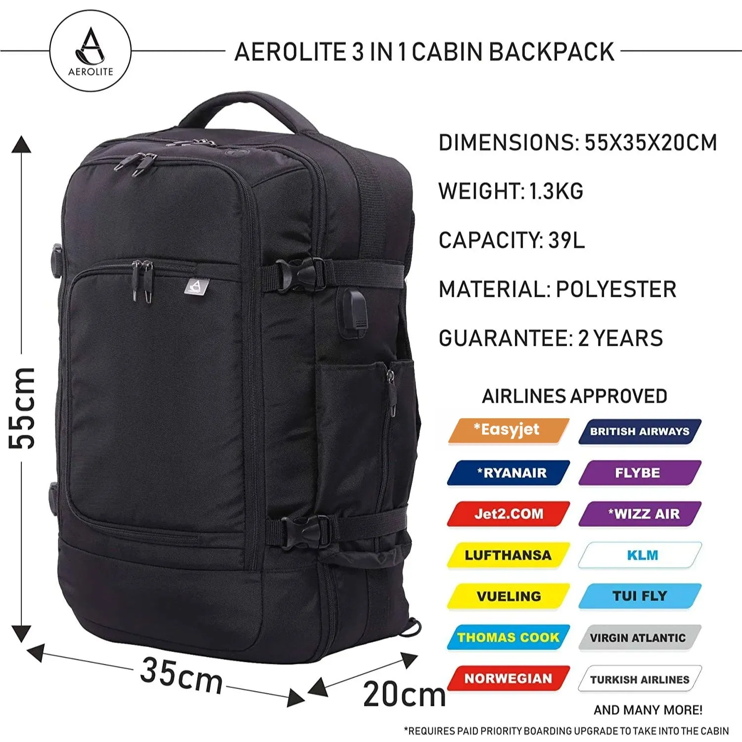 Aerolite (55x35x20cm) 39L Cabin Luggage Laptop Backpack Rucksack With YKK Zippers Fits Up To 15.6" Laptop, Approved for Ryanair (Priority), easyJet (plus/flexi/up front/extra legroom/large cabin upgrade), British Airways & Many More