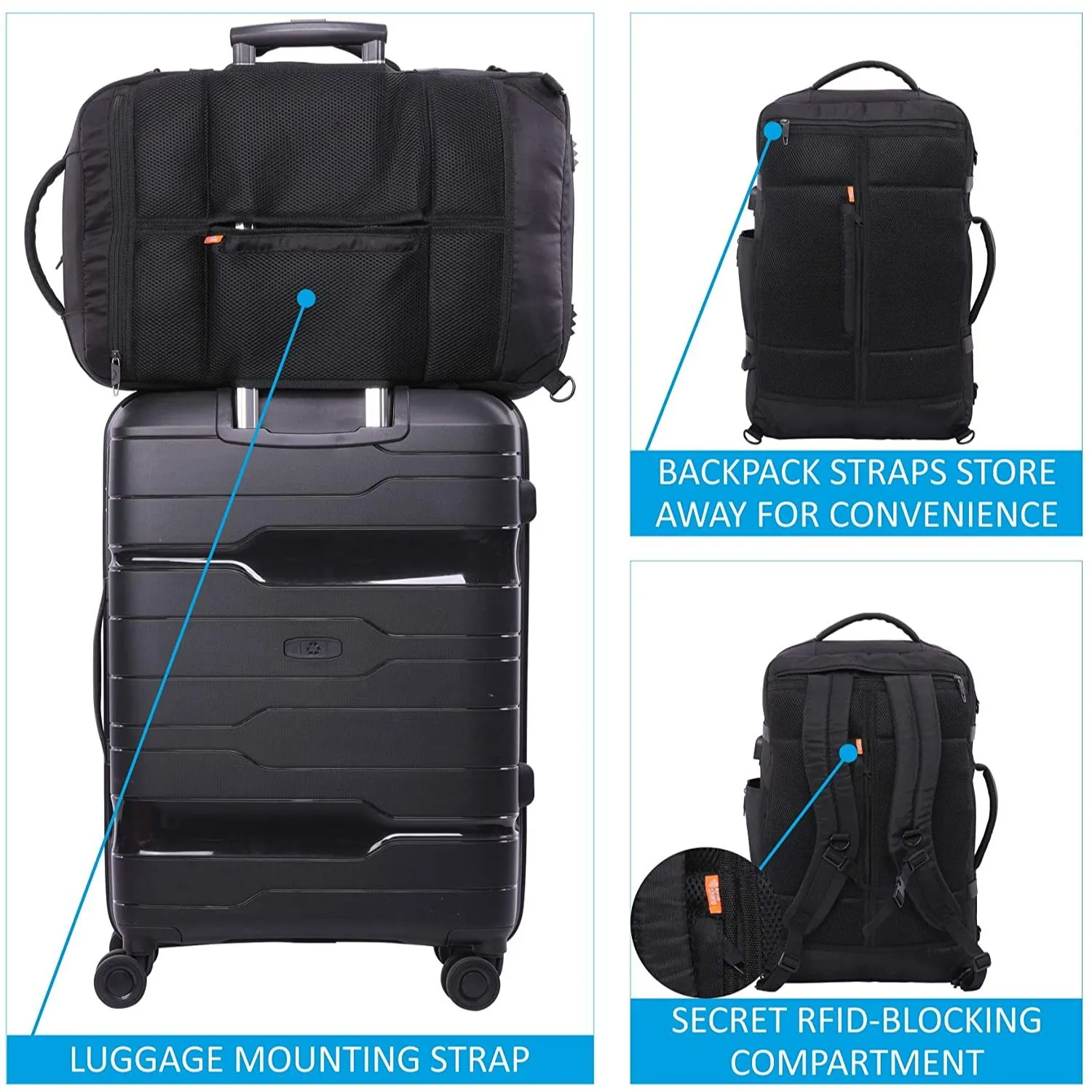 Aerolite (55x35x20cm) 39L Cabin Luggage Laptop Backpack Rucksack With YKK Zippers Fits Up To 15.6" Laptop, Approved for Ryanair (Priority), easyJet (plus/flexi/up front/extra legroom/large cabin upgrade), British Airways & Many More