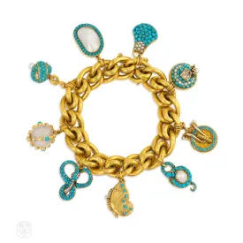 Antique gold bracelet with turquoise and pearl-set charms