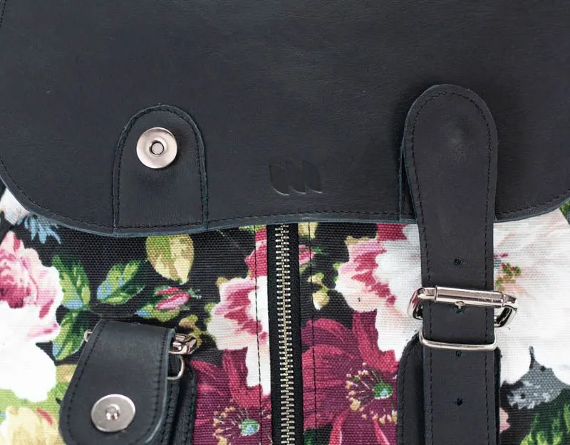 Artemis backpack - Floral canvas and Black leather