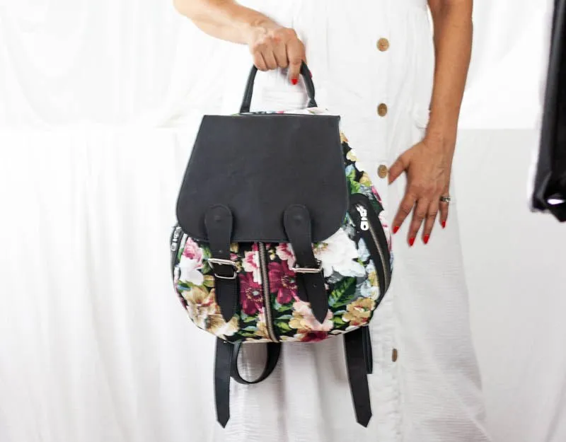 Artemis backpack - Floral canvas and Black leather