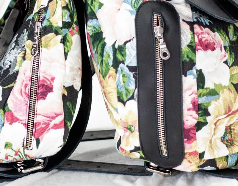 Artemis backpack - Floral canvas and Black leather