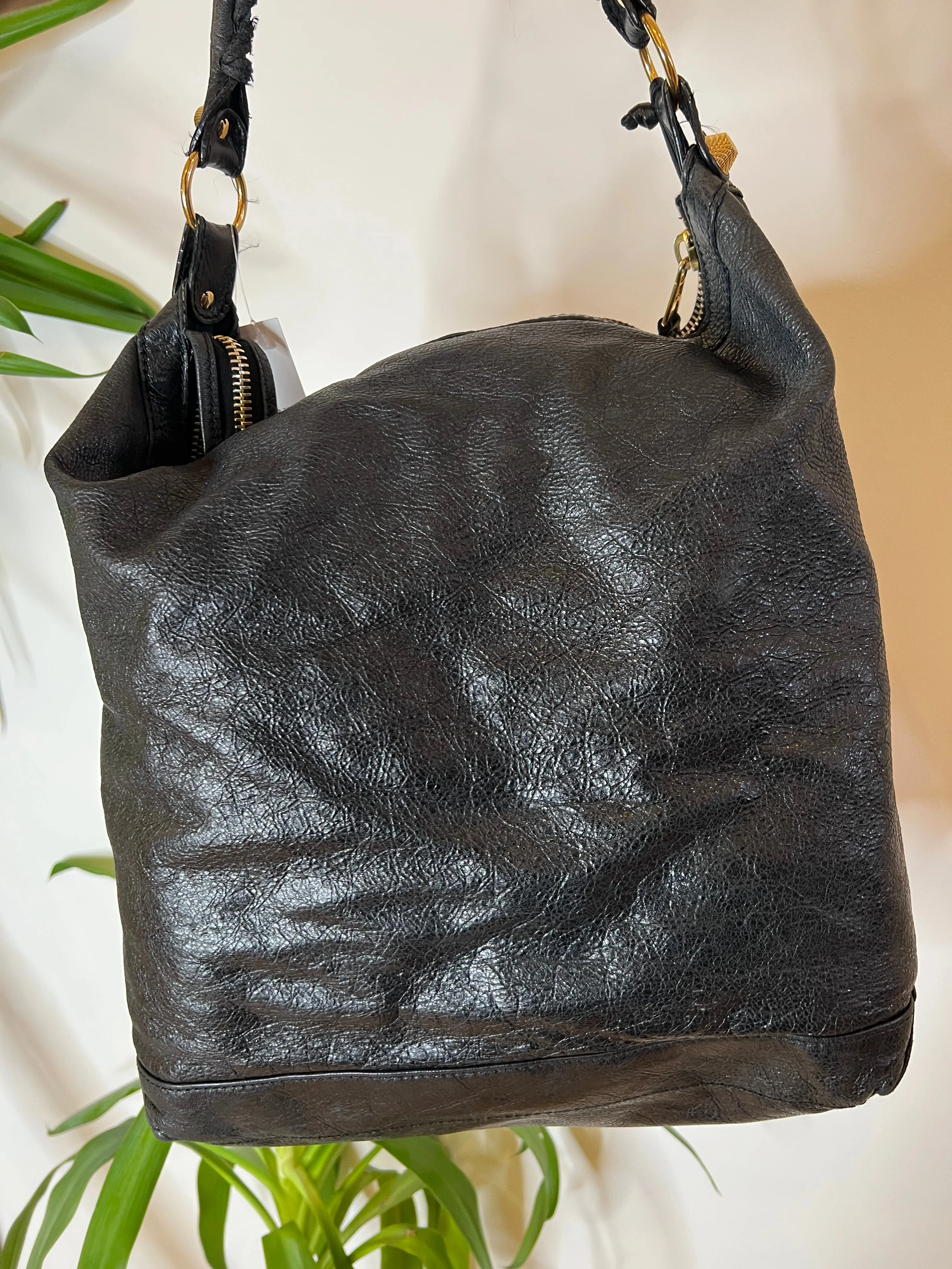 Balenciaga Black Distressed Leather "Giant" Shoulder Bag