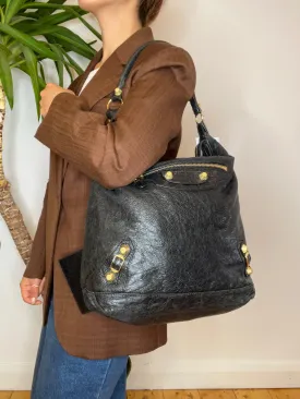 Balenciaga Black Distressed Leather "Giant" Shoulder Bag