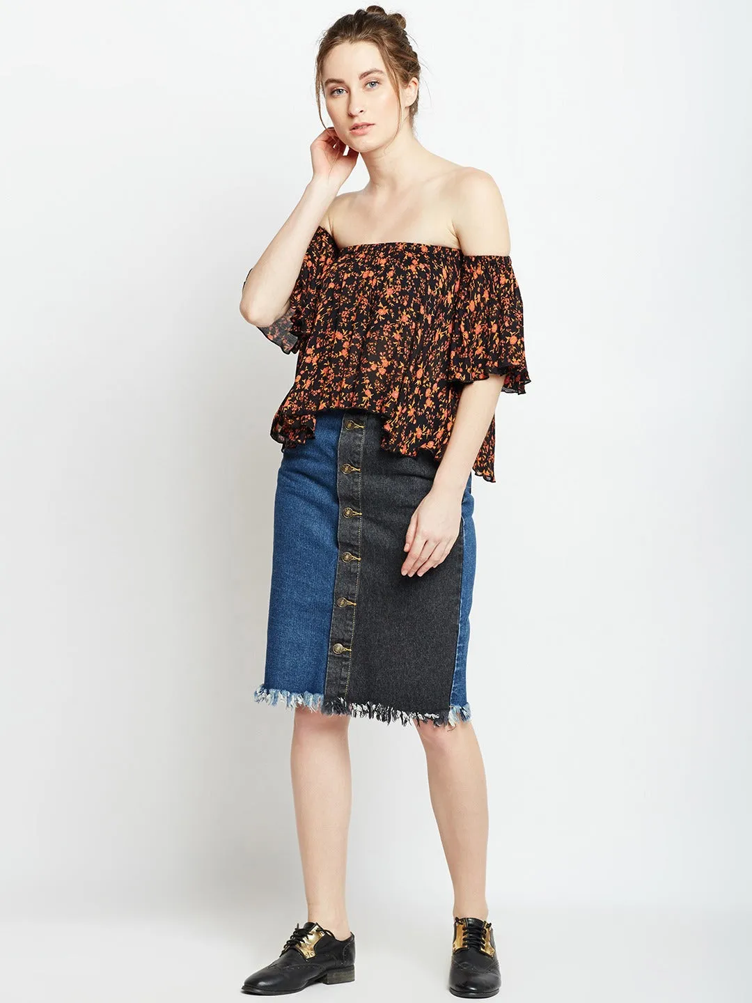 Berrylush Women Black & Orange Floral Printed Off-Shoulder Neck Flared Sleeves Ruffled Bardot Crop Top