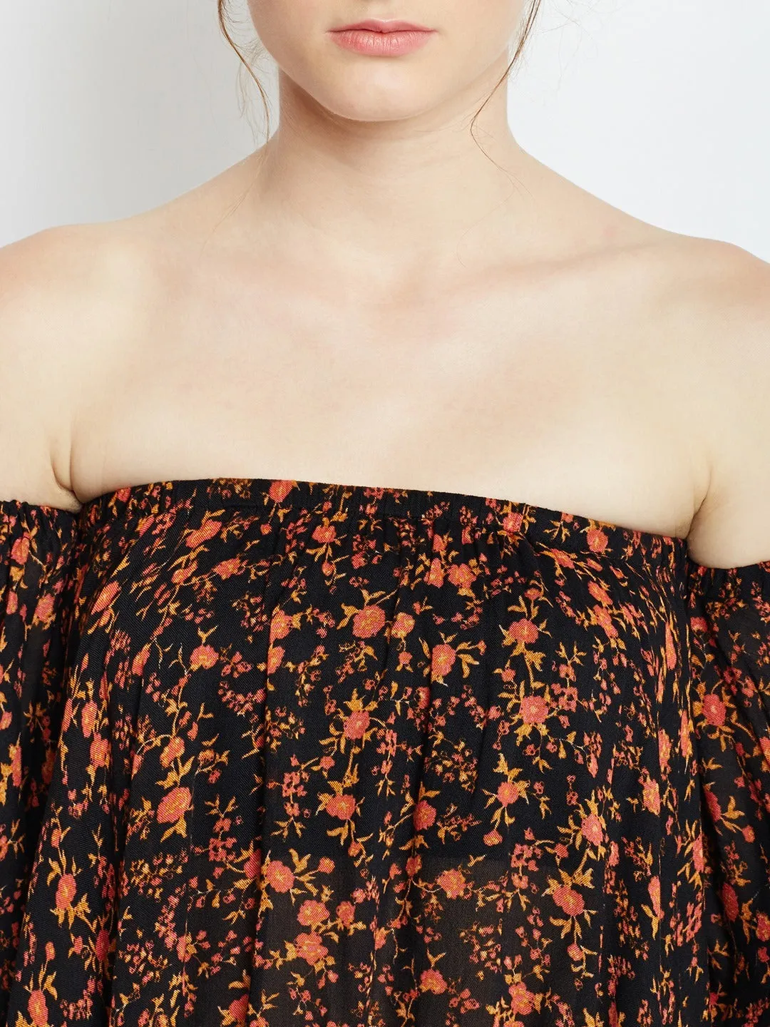 Berrylush Women Black & Orange Floral Printed Off-Shoulder Neck Flared Sleeves Ruffled Bardot Crop Top