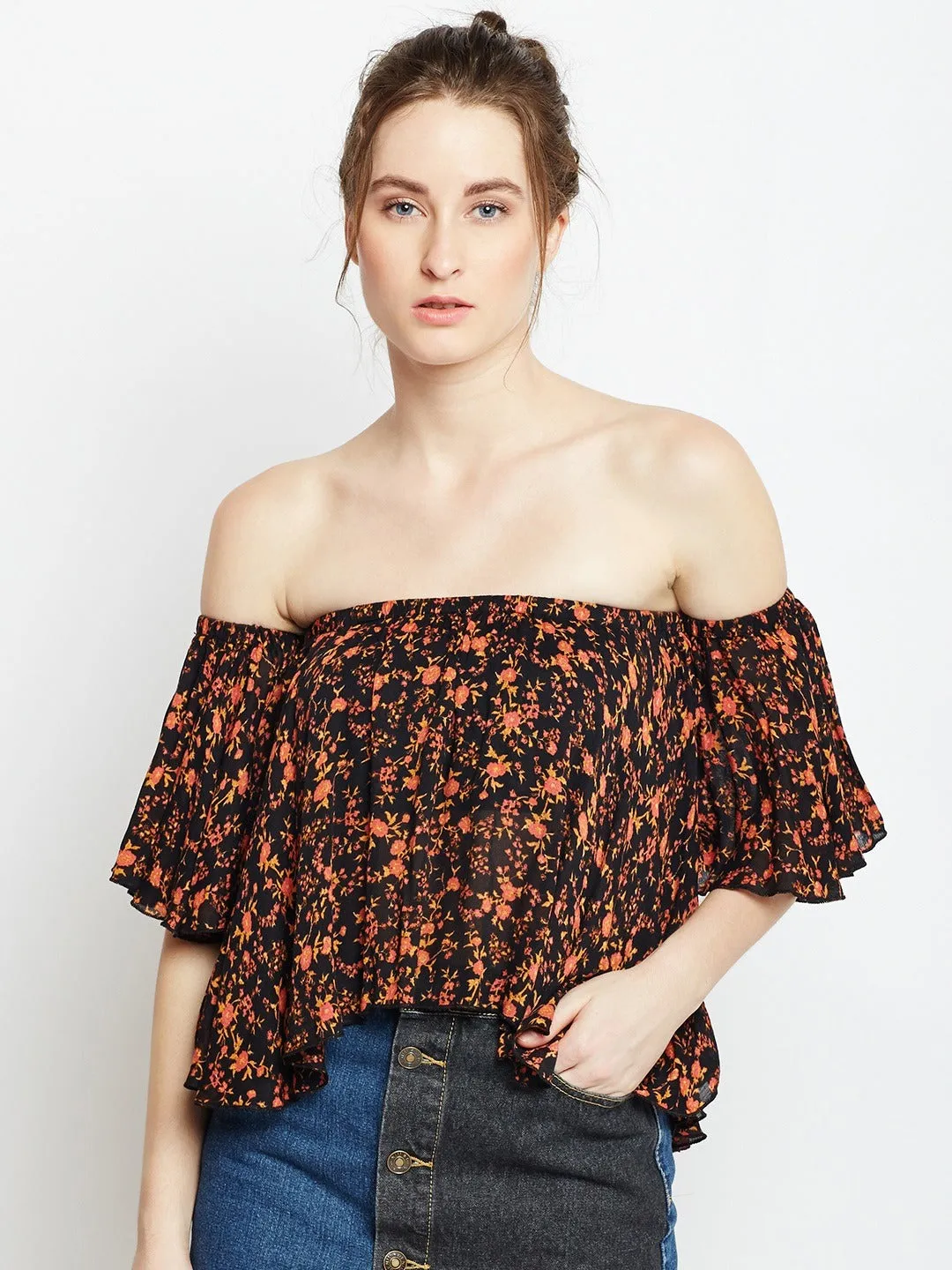 Berrylush Women Black & Orange Floral Printed Off-Shoulder Neck Flared Sleeves Ruffled Bardot Crop Top