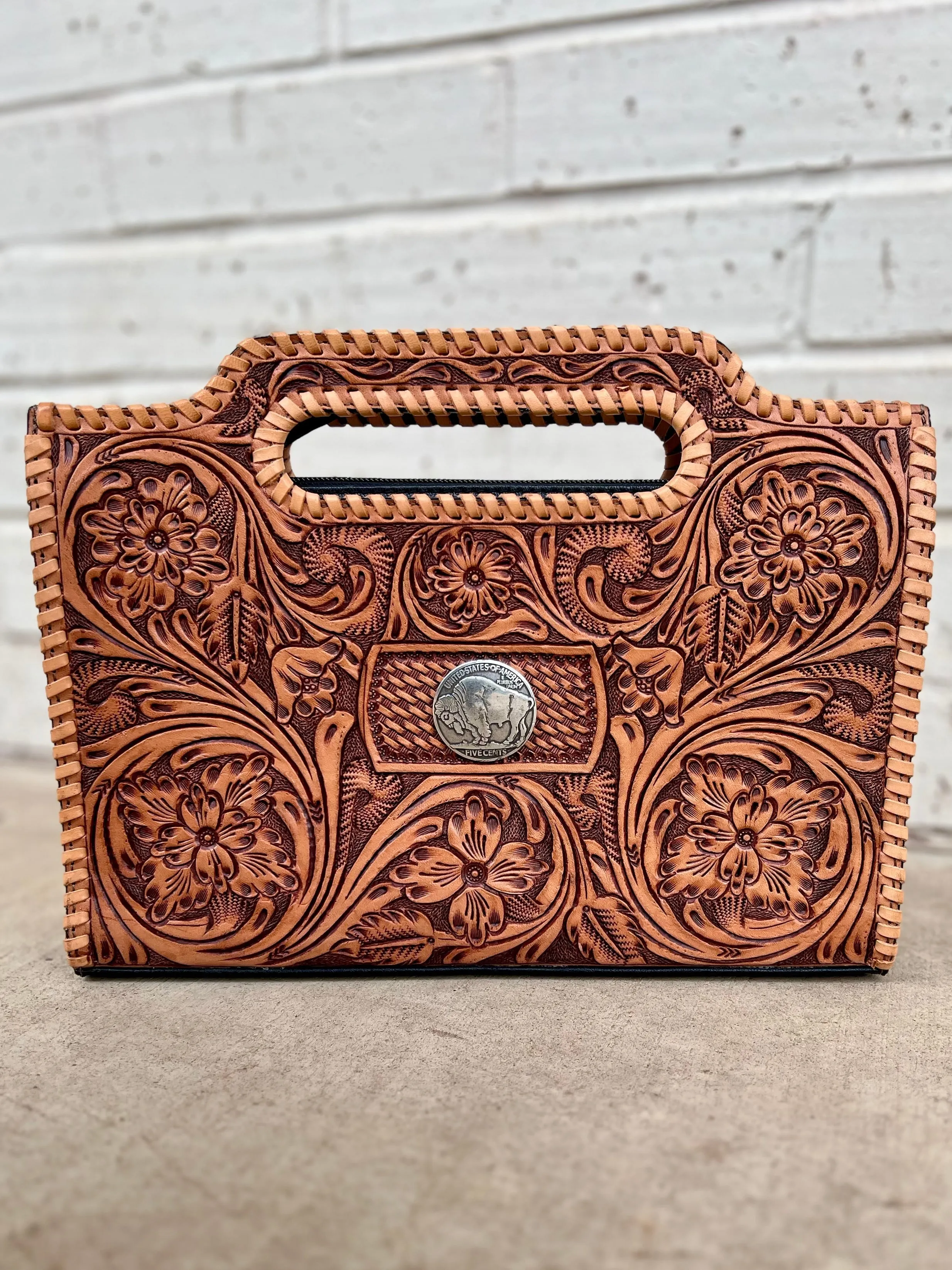 Bison Tooled Leather Clutch Bag