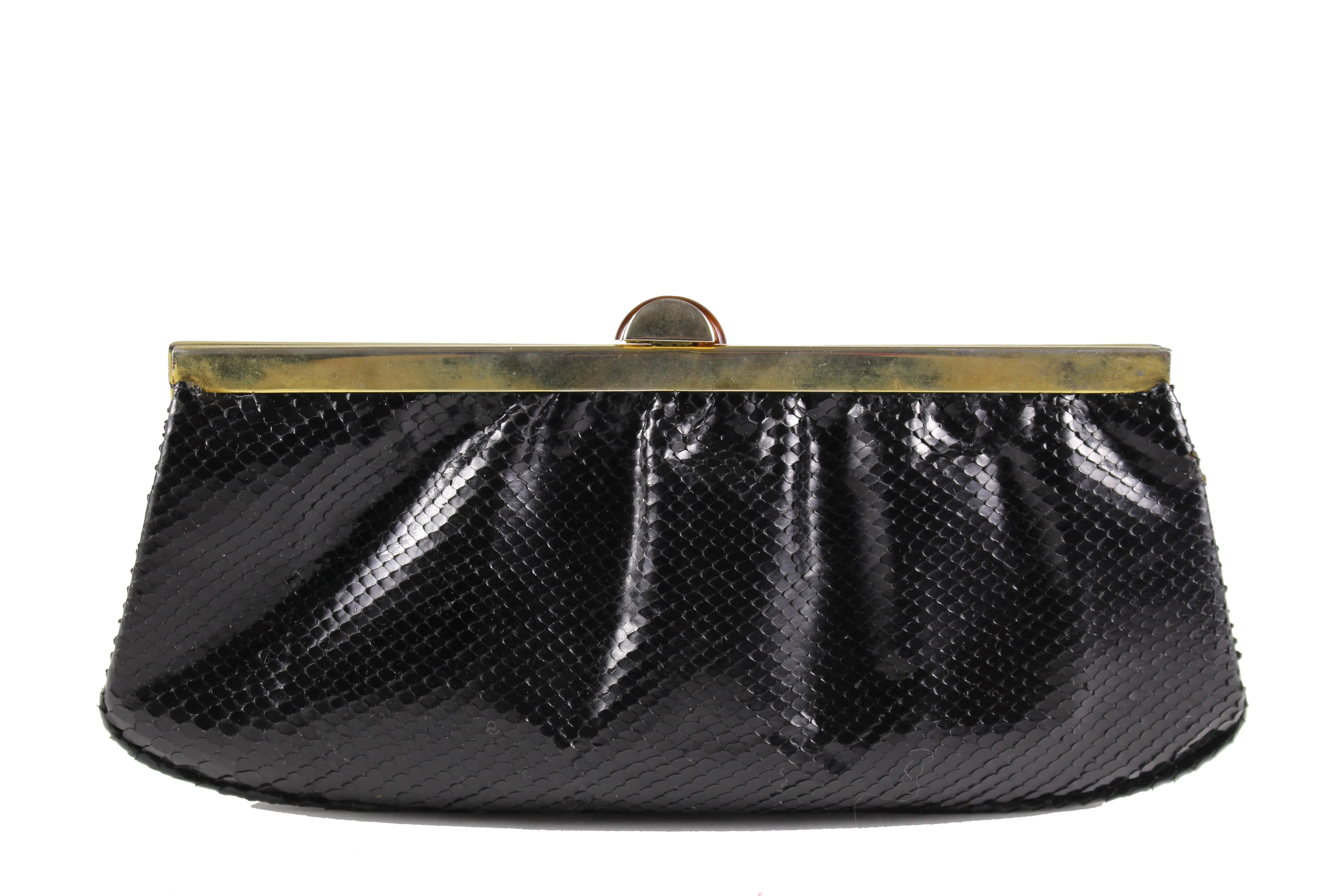 Black snake skin clutch with bakelite clasp