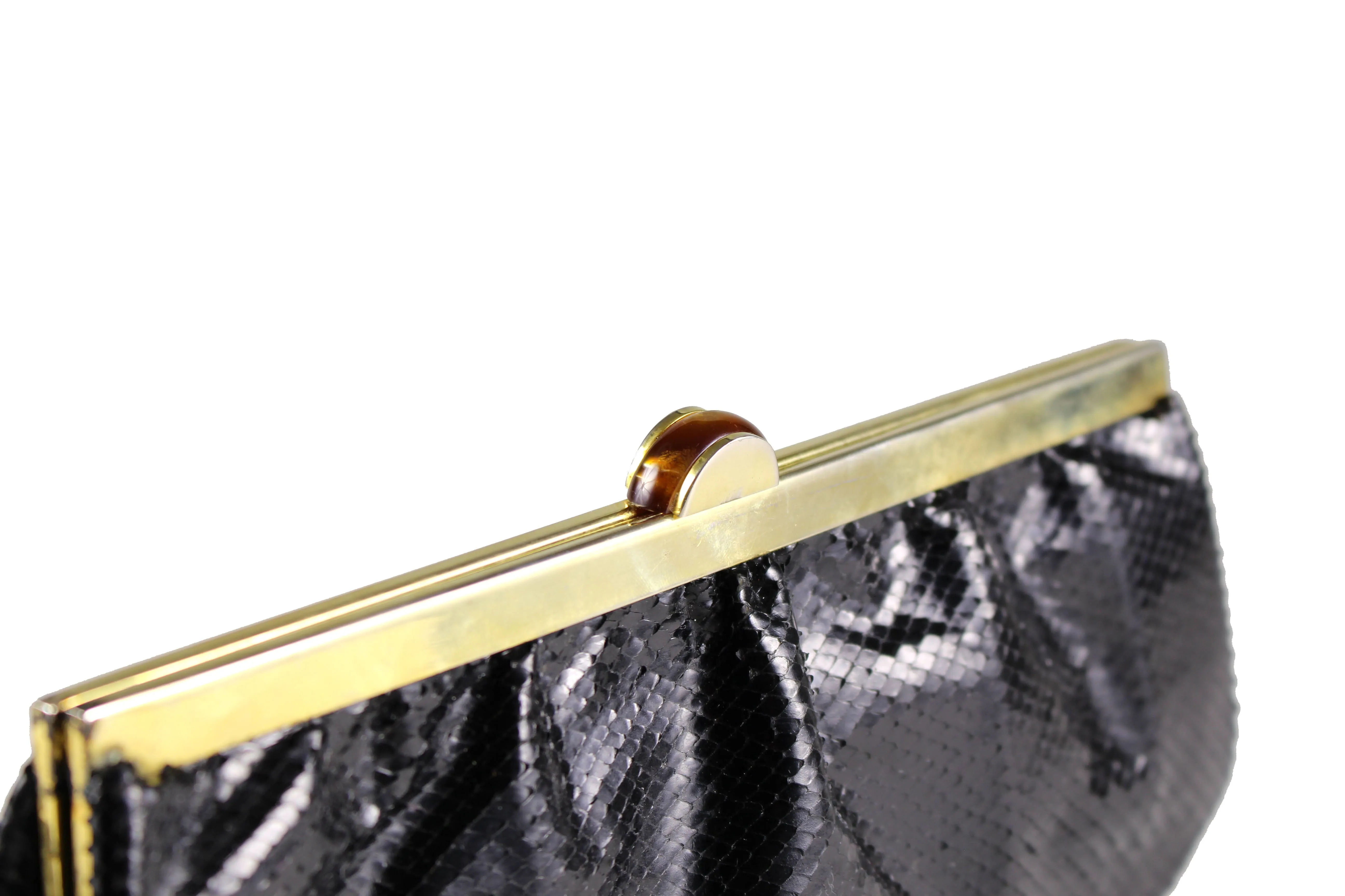 Black snake skin clutch with bakelite clasp