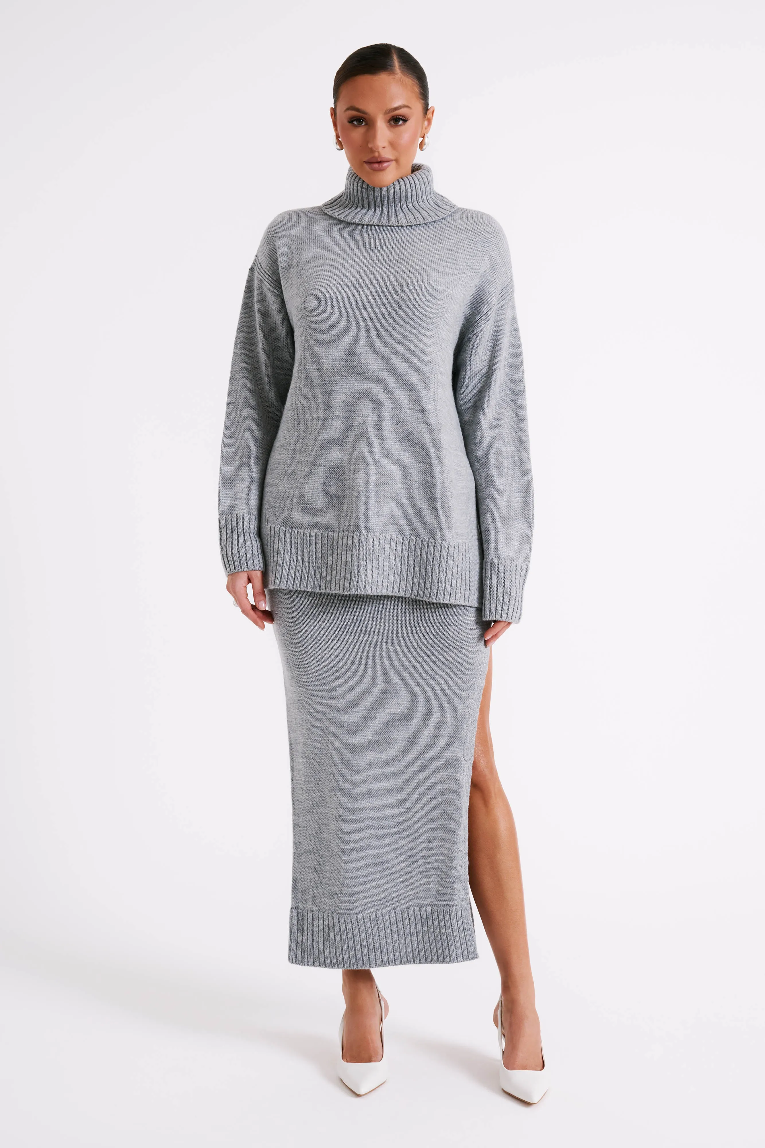 Brittany High Neck Knit Jumper - Grey Marle