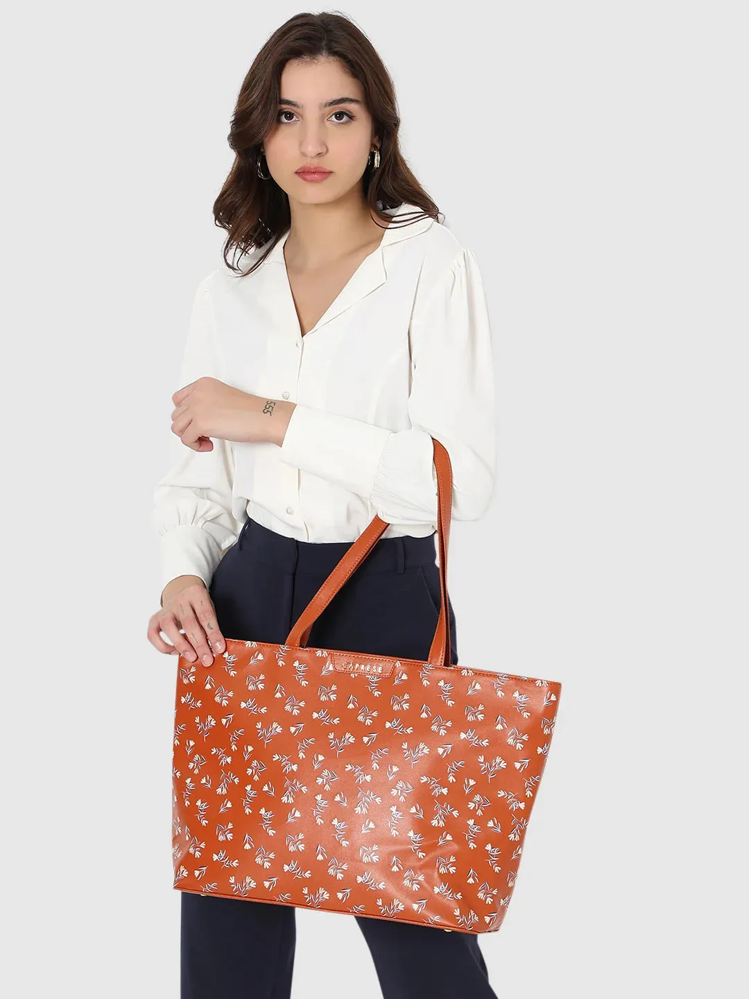 Caprese Merida Laptop Tote Large Printed Women'S Office Handbag Tan