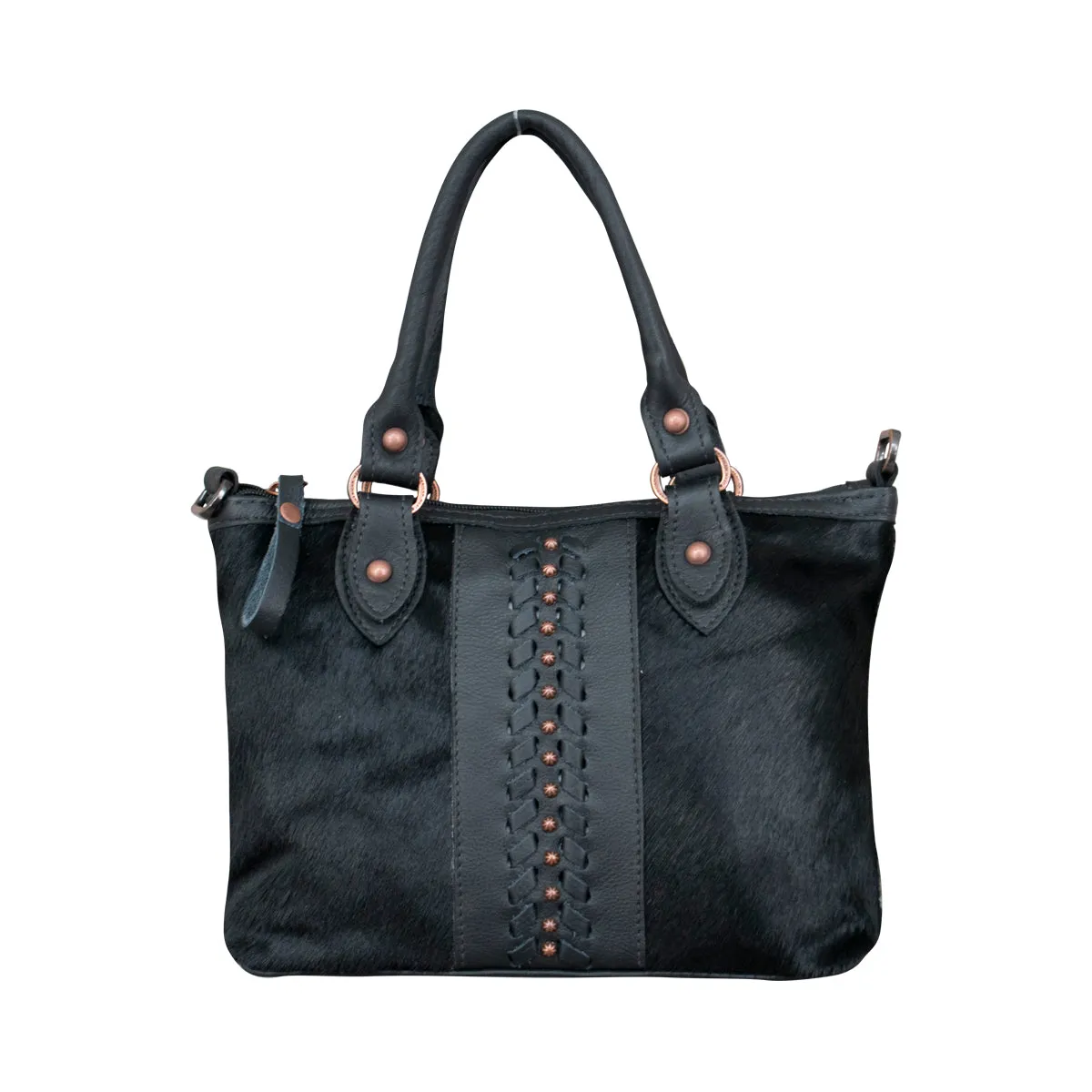 Cow Town Small Zip-Top Convertible Satchel with Secret Compartment - Black and Black Hair on Hide