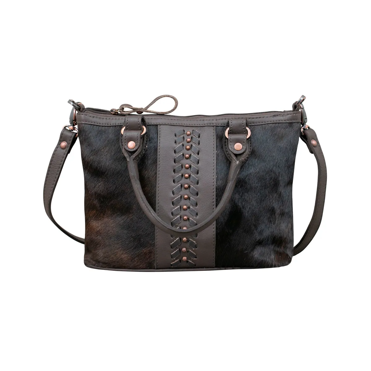 Cow Town Small Zip-Top Convertible Satchel with Secret Compartment - Chocolate and Brindle Hair on Hide