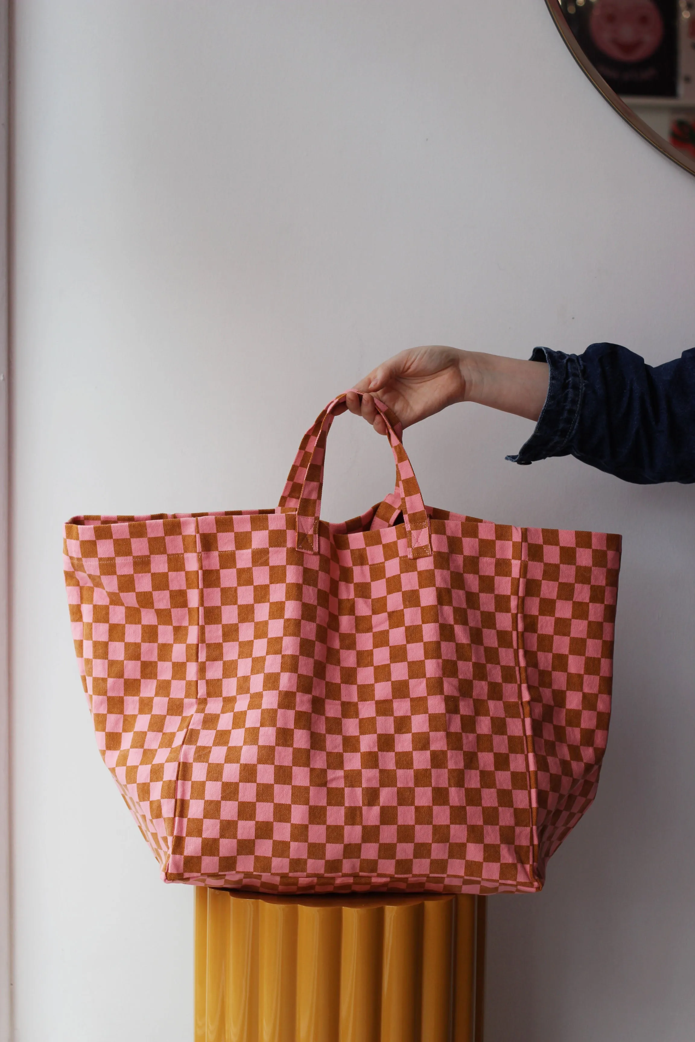 Eliza Checkered Strawberry and Caramel Oversized Tote Bag