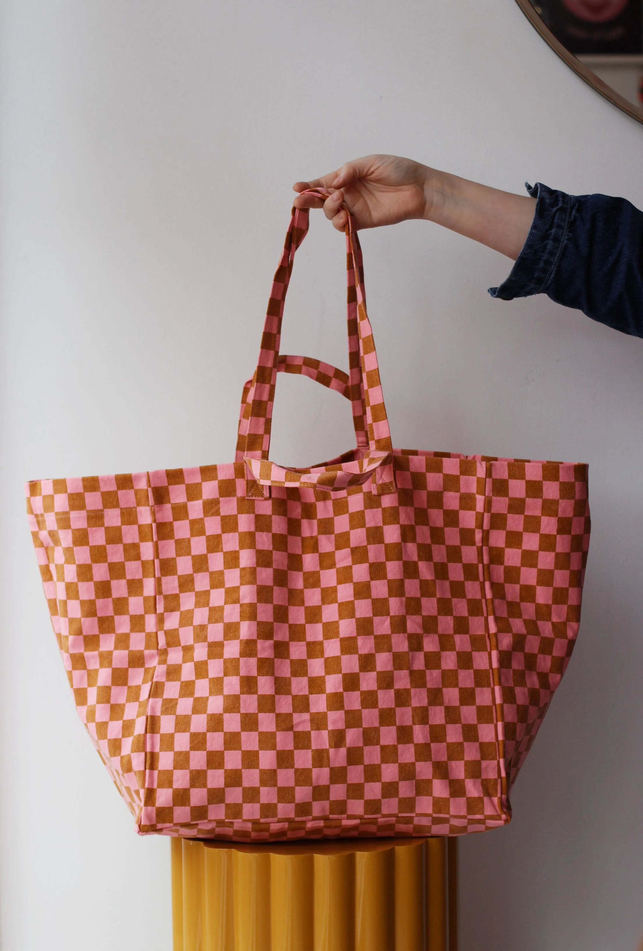 Eliza Checkered Strawberry and Caramel Oversized Tote Bag