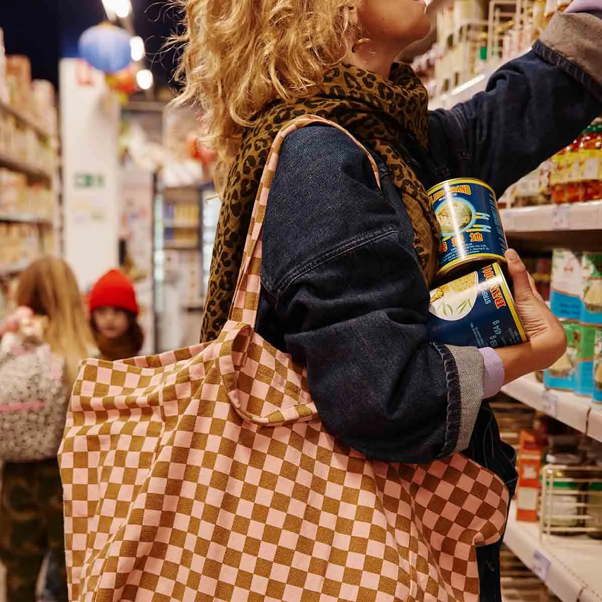 Eliza Checkered Strawberry and Caramel Oversized Tote Bag