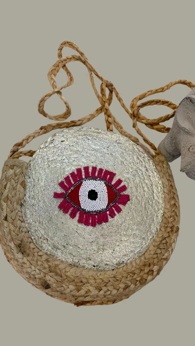 EVIL EYE BEADED JUTE BAG - GOLD & PINK