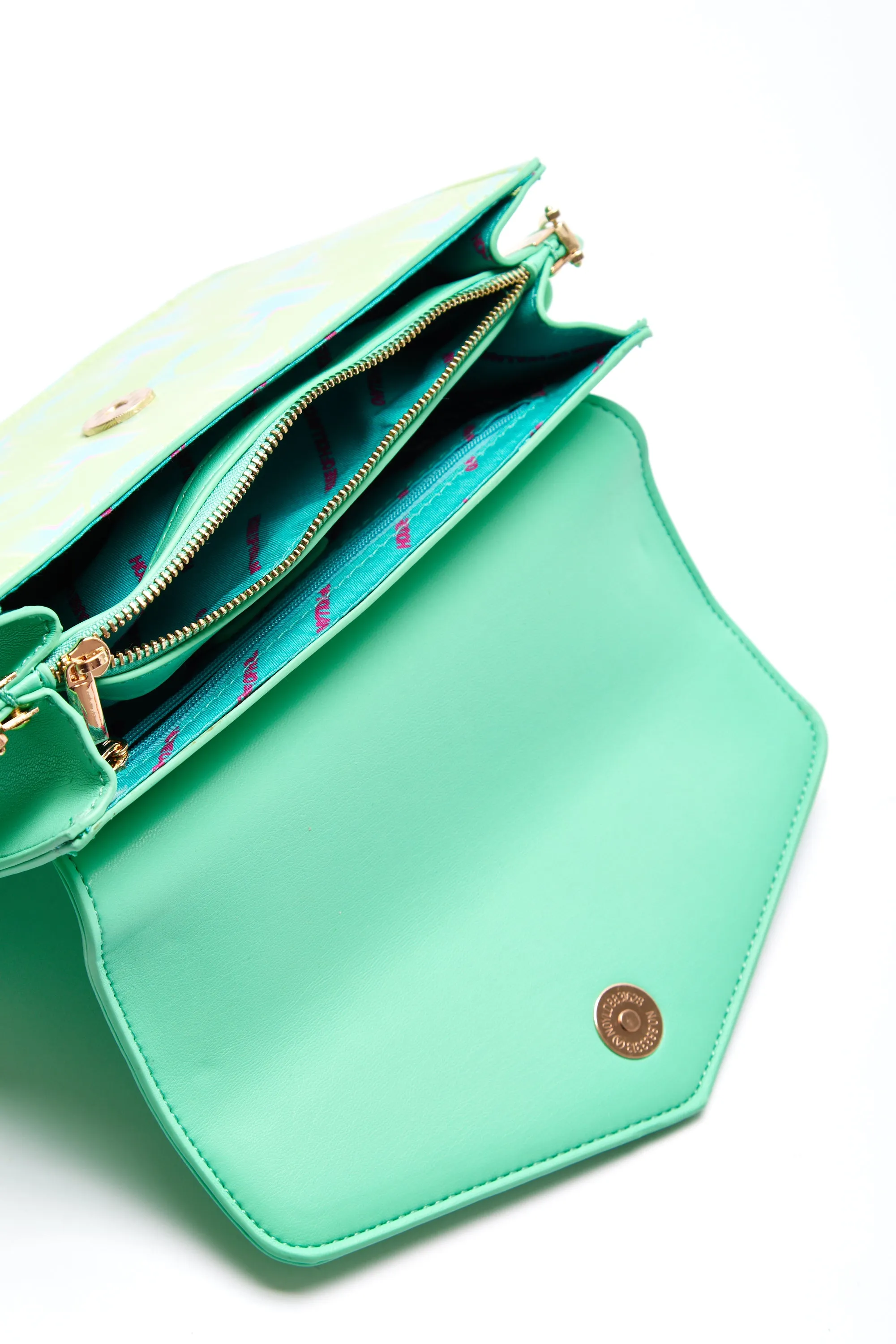 House Of Holland Cross Body Bag In Mint And Pistachio With A Logo Print And Chain Detail Strap