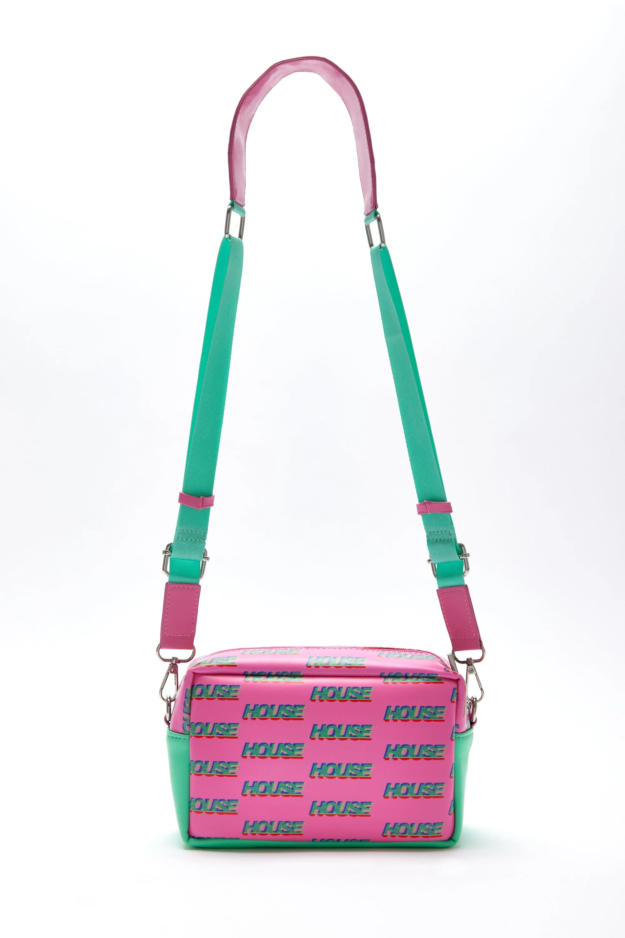 House Of Holland Cross Body Bag In Pink And Mint With ‘House’ Print