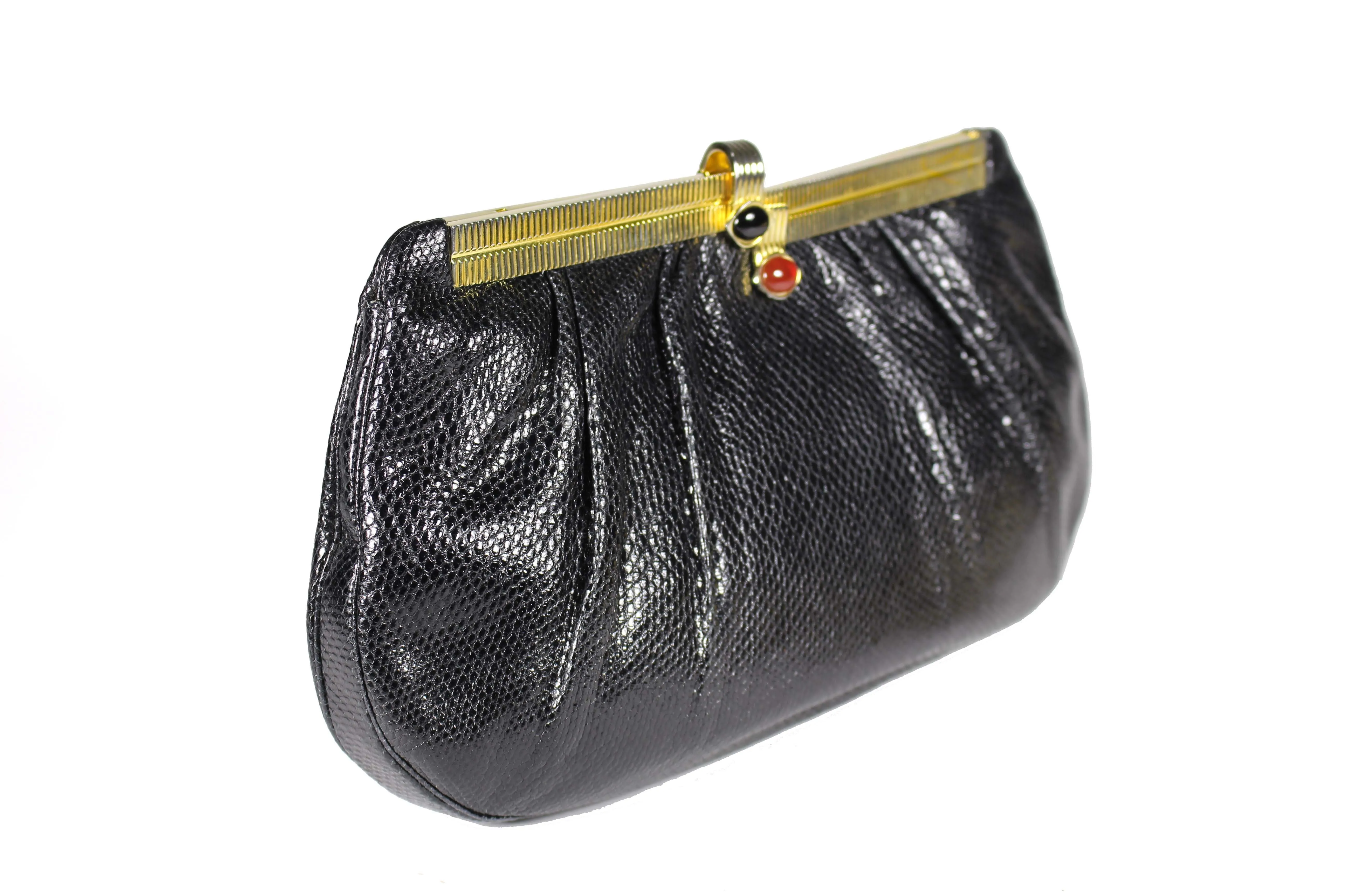 JUDITH LEIBER black snakeskin handbag with jewel clasp