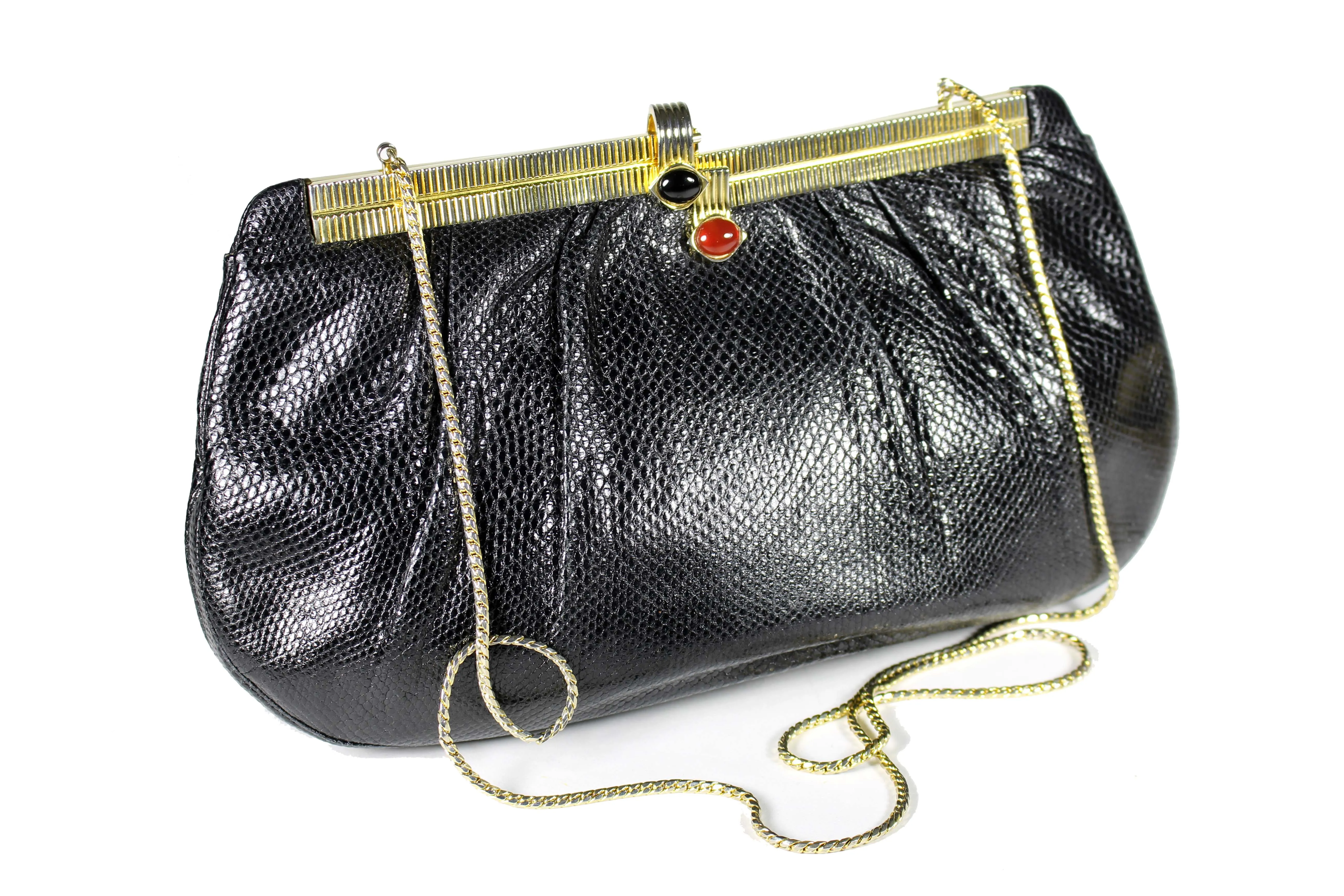 JUDITH LEIBER black snakeskin handbag with jewel clasp