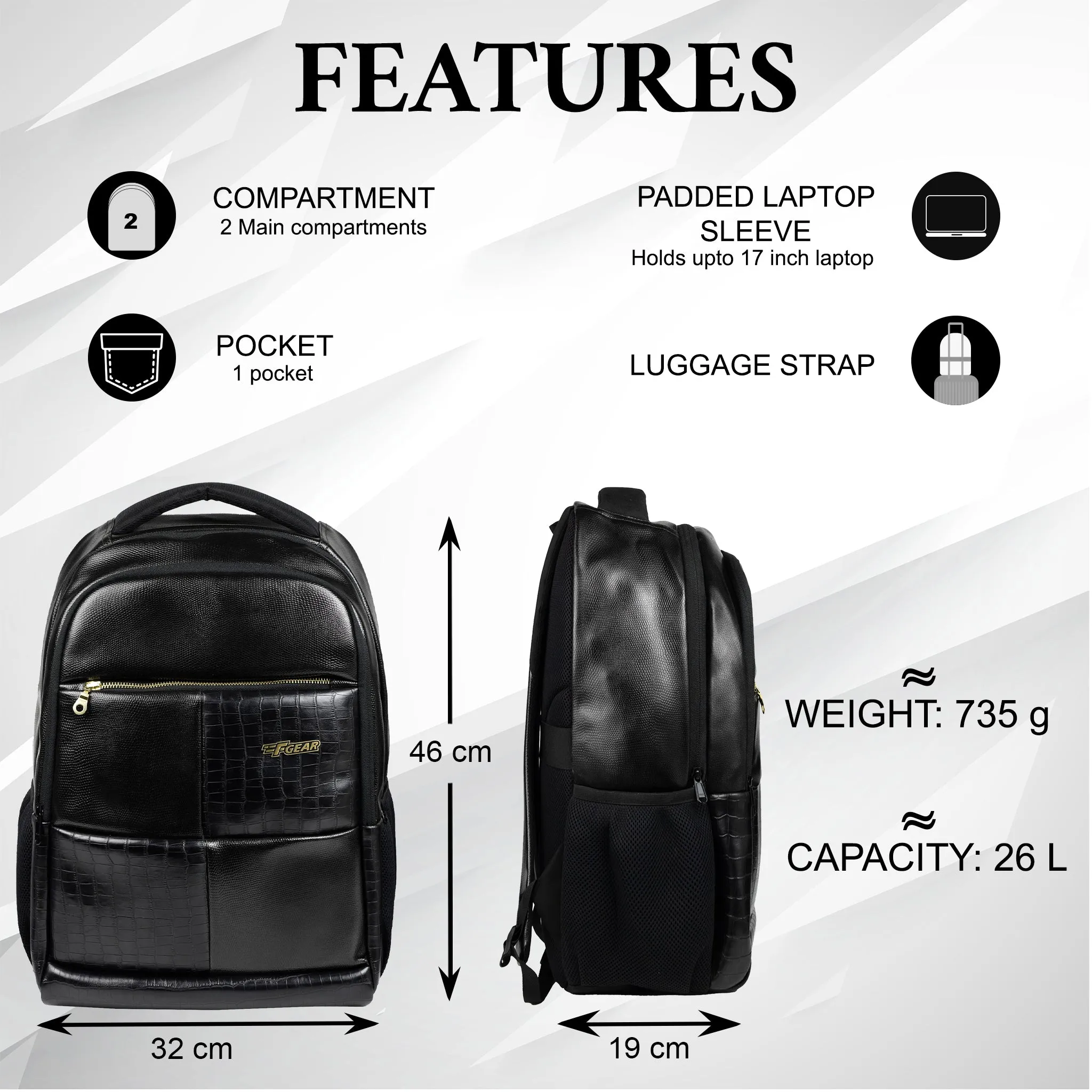 Knockout 26L Black Vegan Leather Laptop Backpack