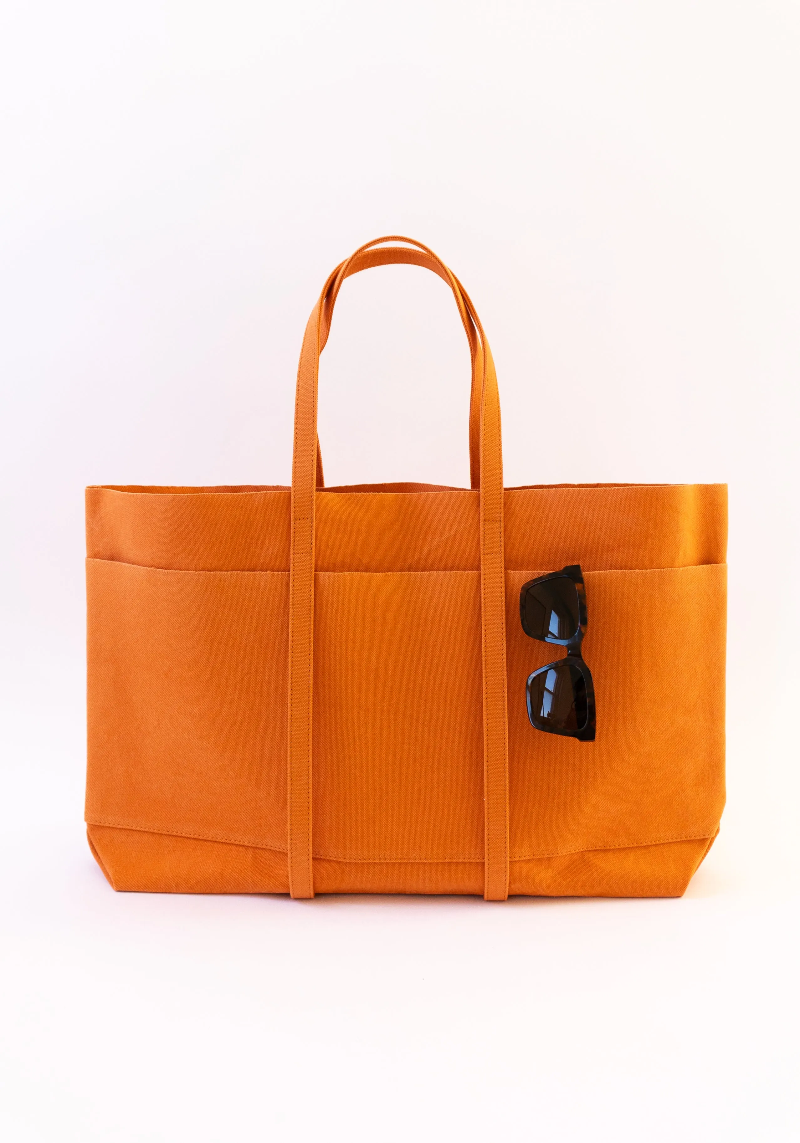 Large Washed Canvas 6 Pocket Tote in Orange