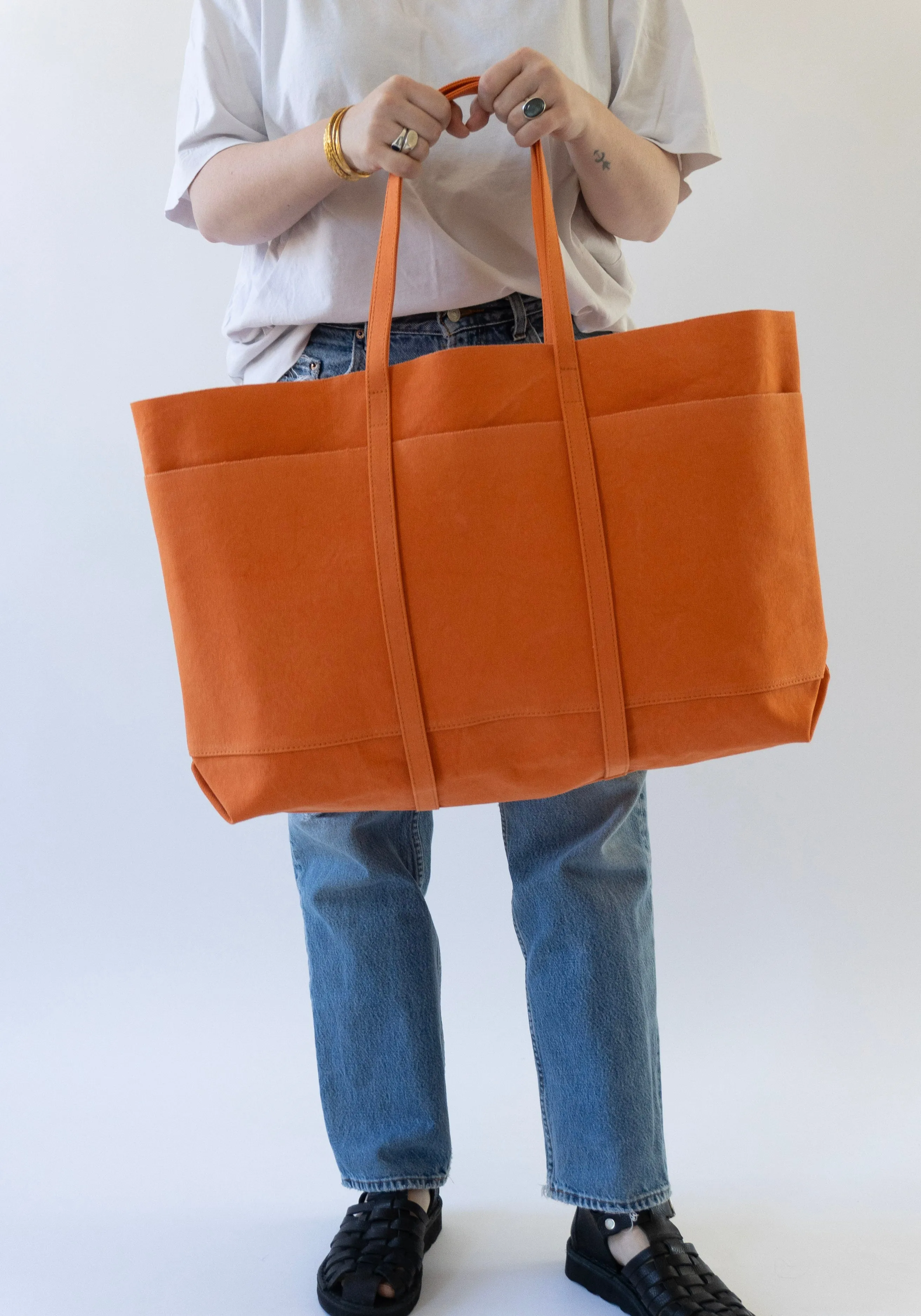 Large Washed Canvas 6 Pocket Tote in Orange