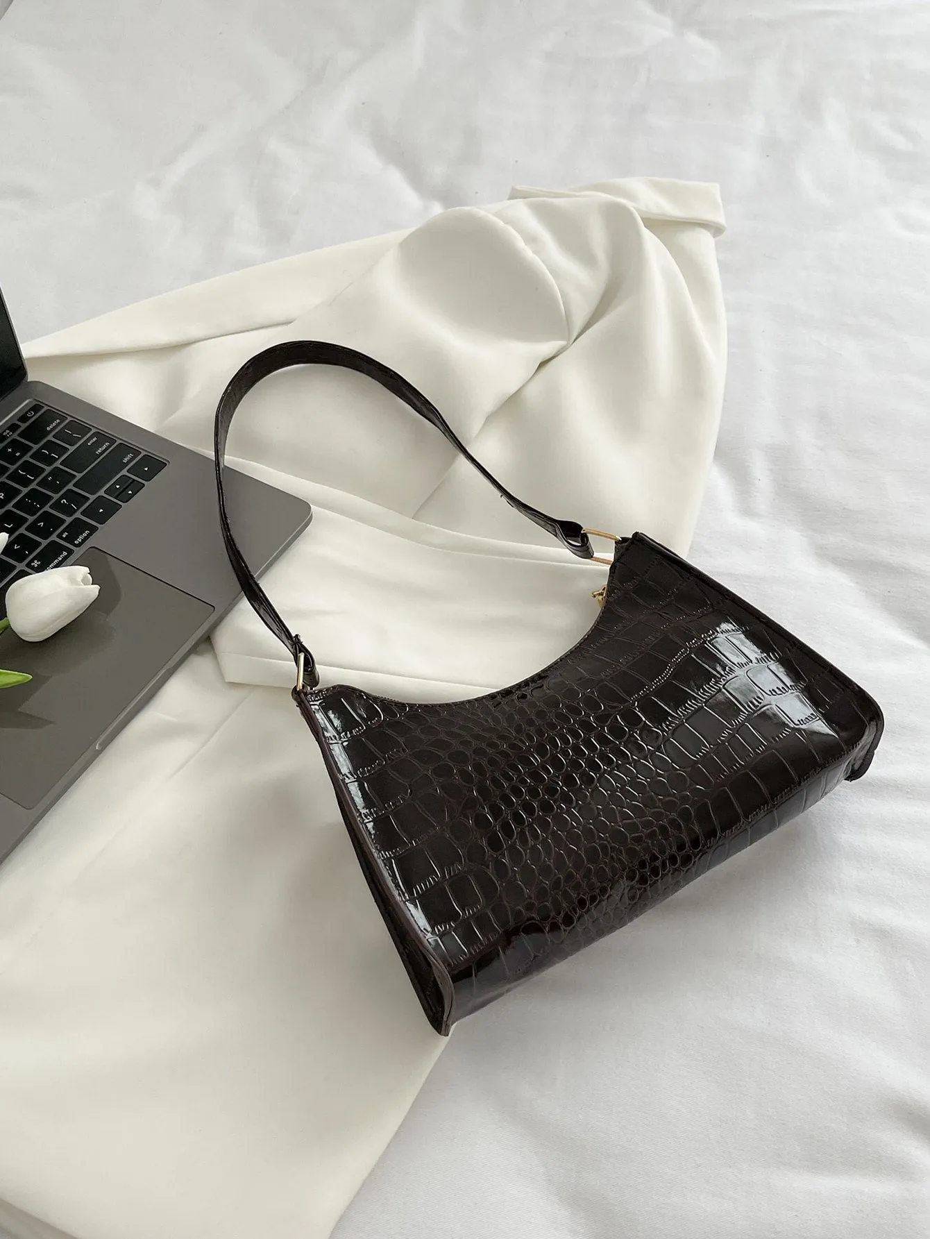 Minimalist Croc Embossed Baguette Bag