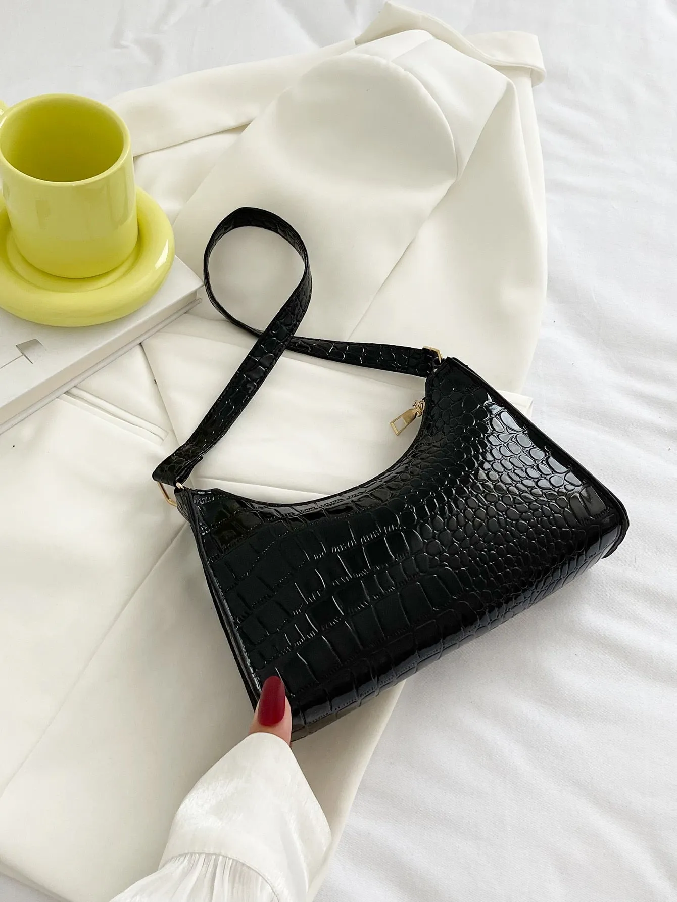 Minimalist Croc Embossed Baguette Bag