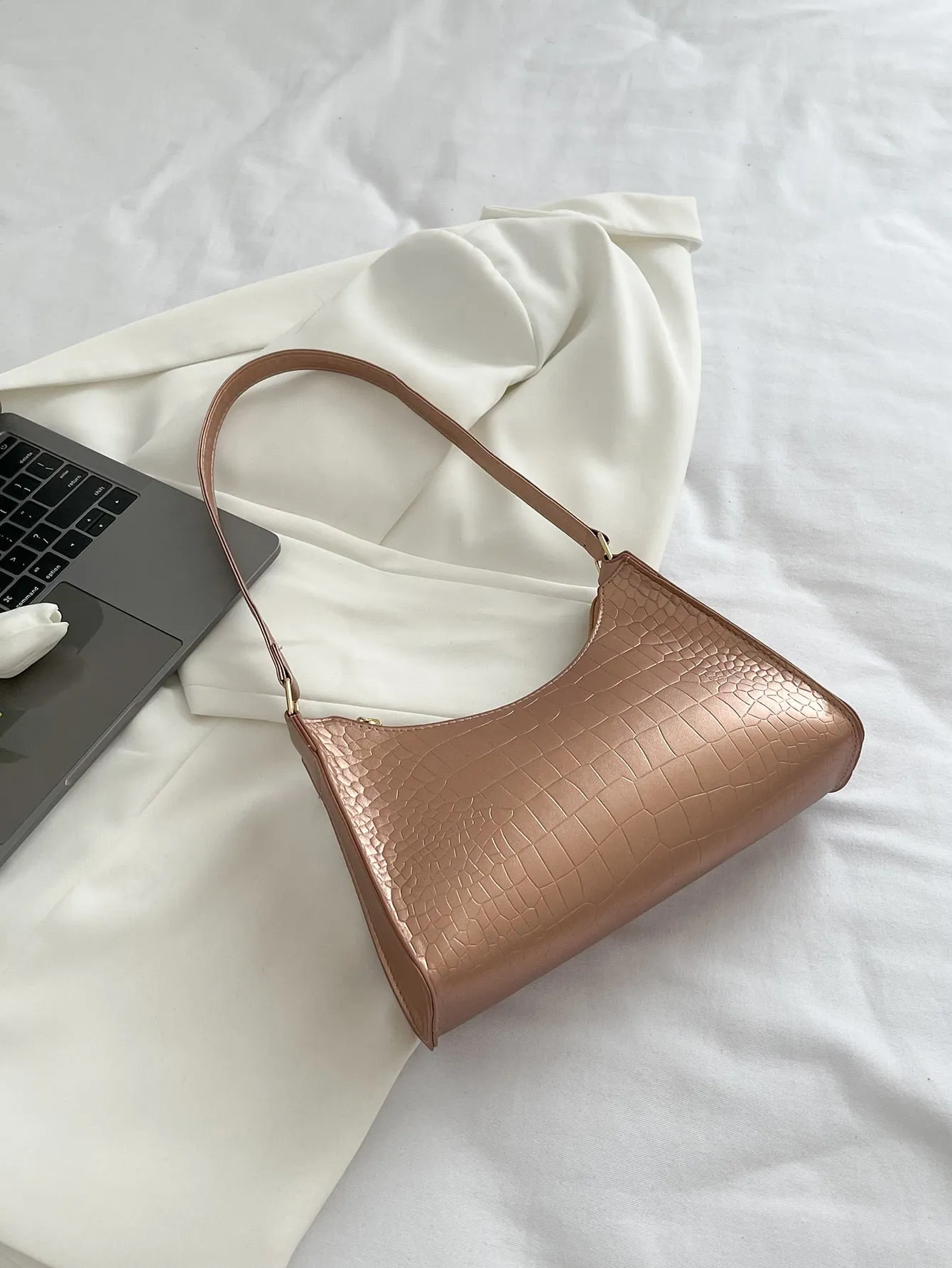 Minimalist Croc Embossed Baguette Bag