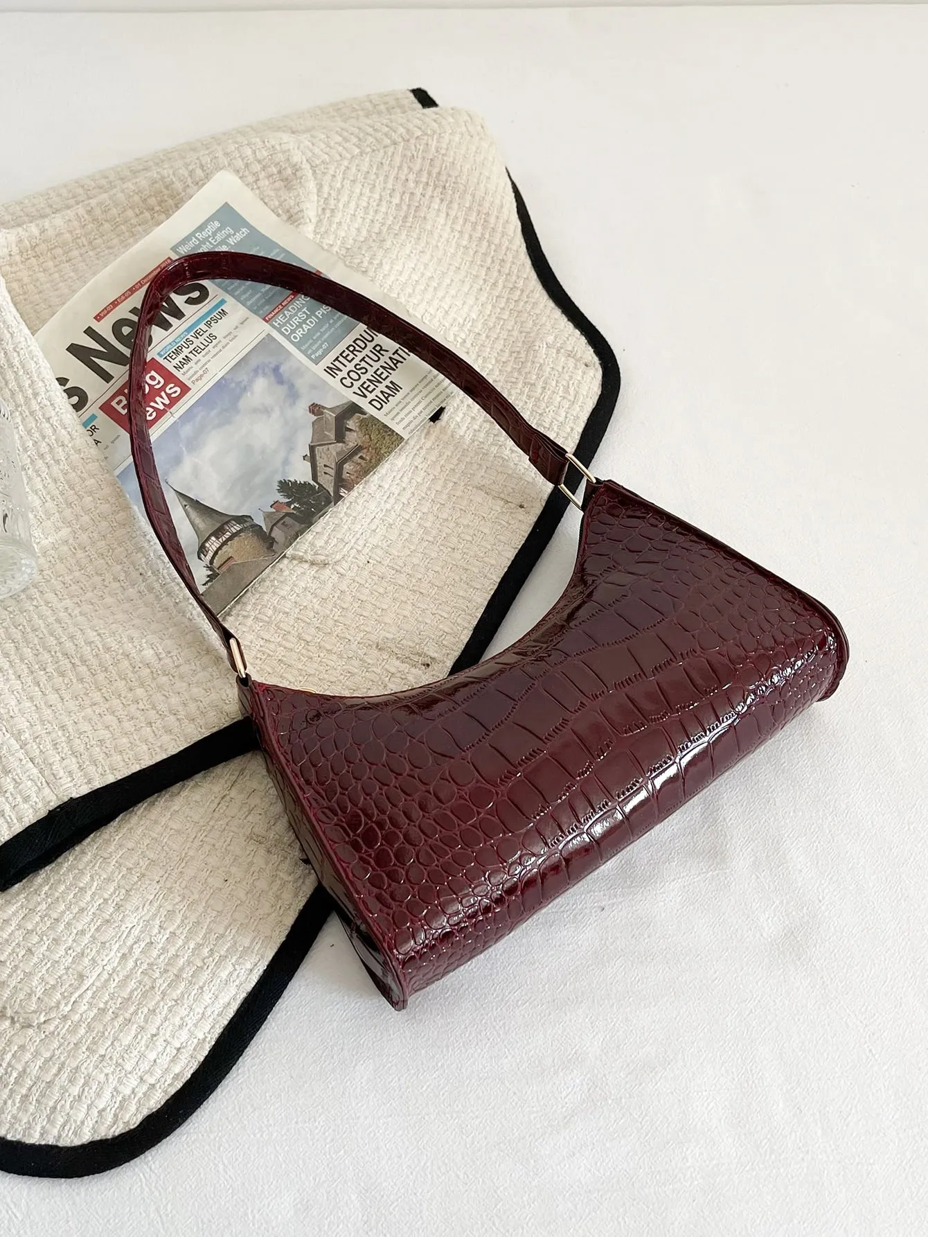 Minimalist Croc Embossed Baguette Bag