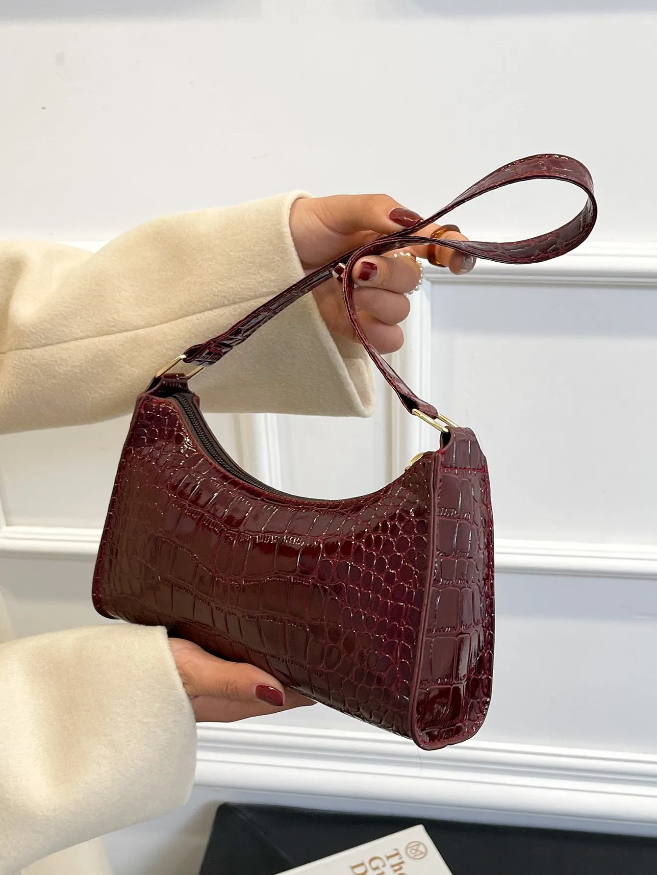 Minimalist Croc Embossed Baguette Bag